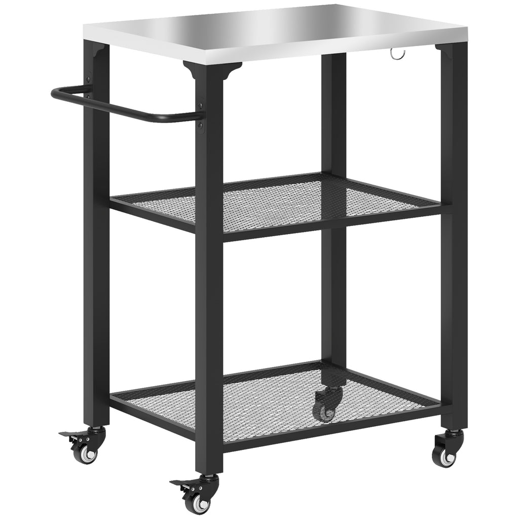 3-Shelf Outdoor Grill Cart Table with Stainless Steel Top, Hooks, Pizza Oven Stand on Wheels