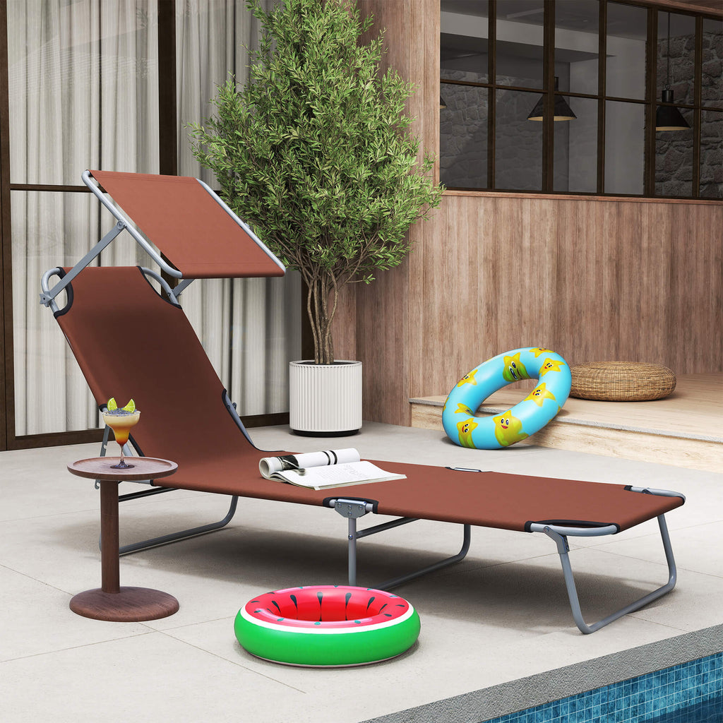 Outdoor Lounge Chair, Adjustable Folding Chaise Lounge,  Tanning Chair with Sun Shade for Beach, Camping, Hiking, Backyard, Brown
