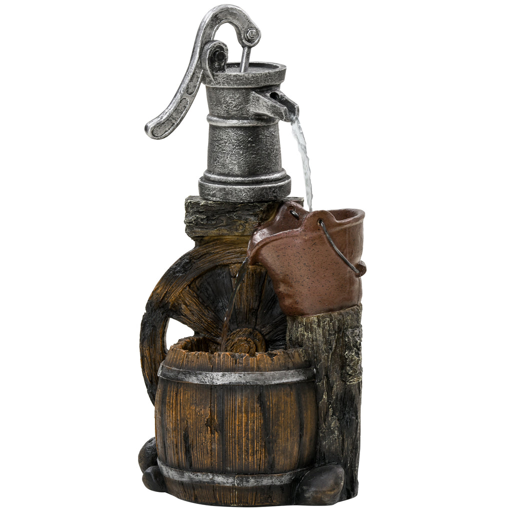 Rustic Waterfall Fountain with Old Fashion Pump Barrel Wheel, 3-Tier Cascading Outdoor Fountain with Adjustable Flow, Decorative Water Feature for Zen Garden, Deck, Porch