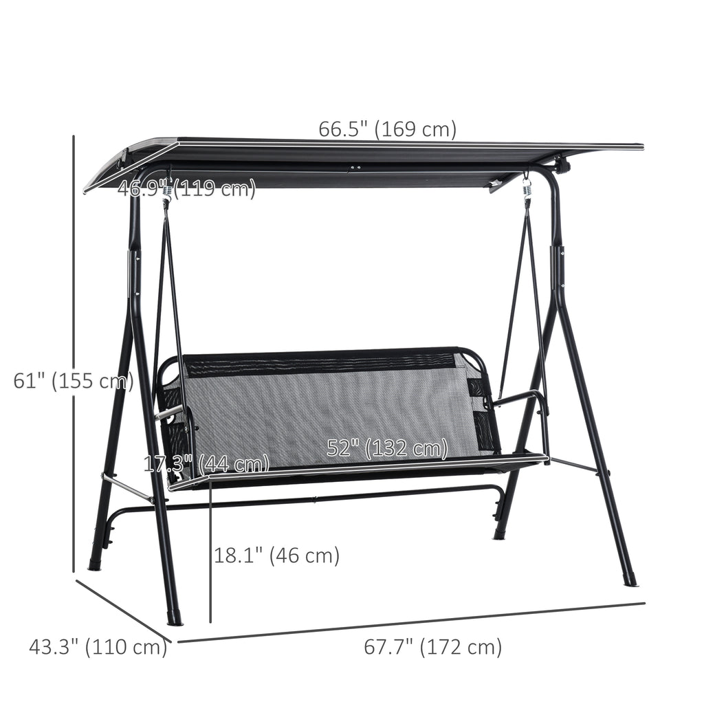 2-Person Porch Swing Chair, 2 Seater Patio Swing Bench w/ Adjustable Canopy, Breathable Seat for Garden, Poolside, Black