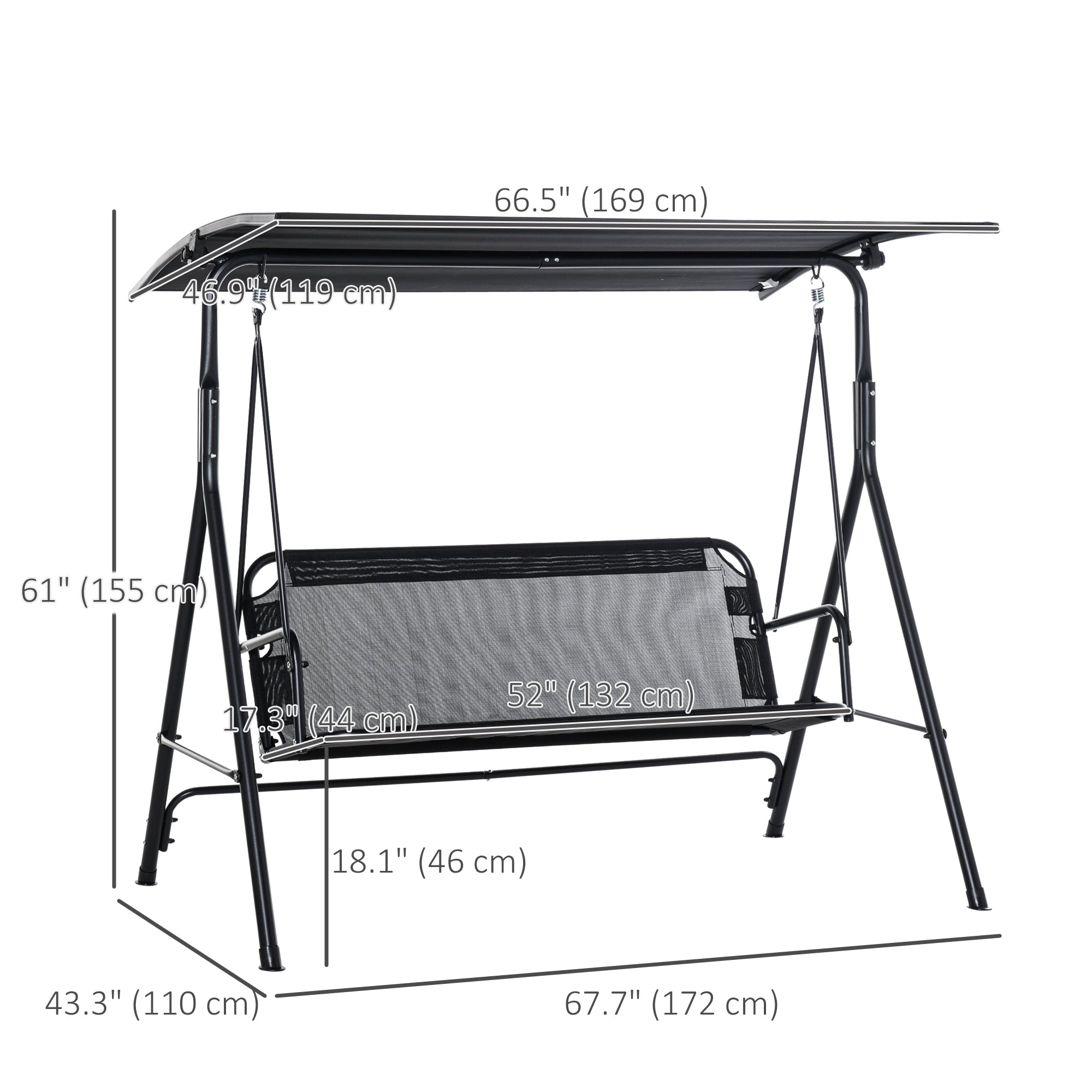 2-Person Porch Swing Chair, 2 Seater Patio Swing Bench w/ Adjustable Canopy, Breathable Seat for Garden, Poolside, Black