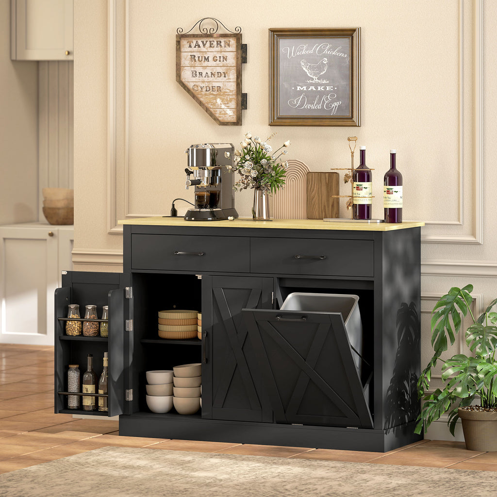 7 Gallon Tilt Out Garbage Cabinet, Kitchen Island with Charging Station, 2 Drawers, 4 Door Racks, Black