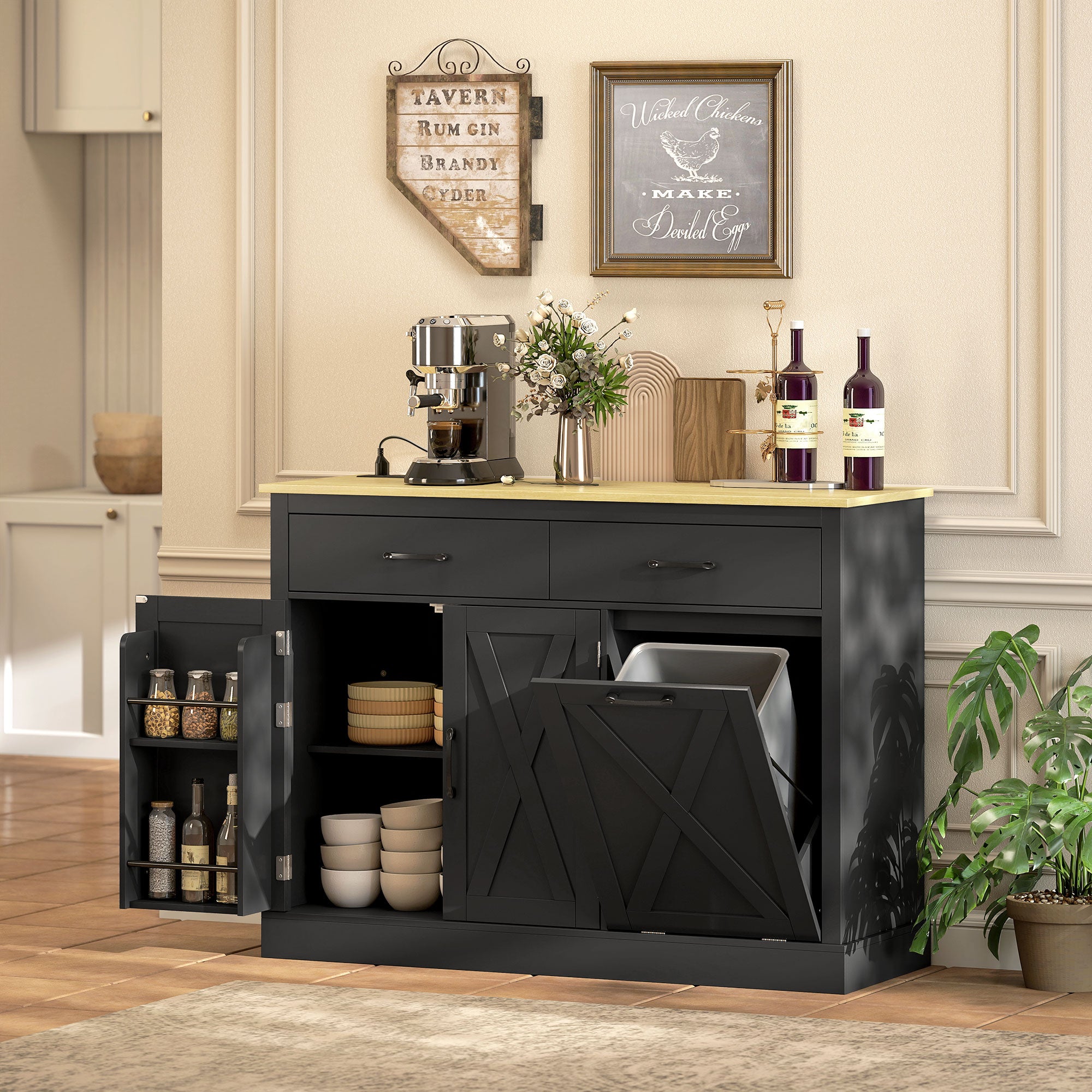7 Gallon Tilt Out Garbage Cabinet, Kitchen Island with Charging Station, 2 Drawers, 4 Door Racks, Black