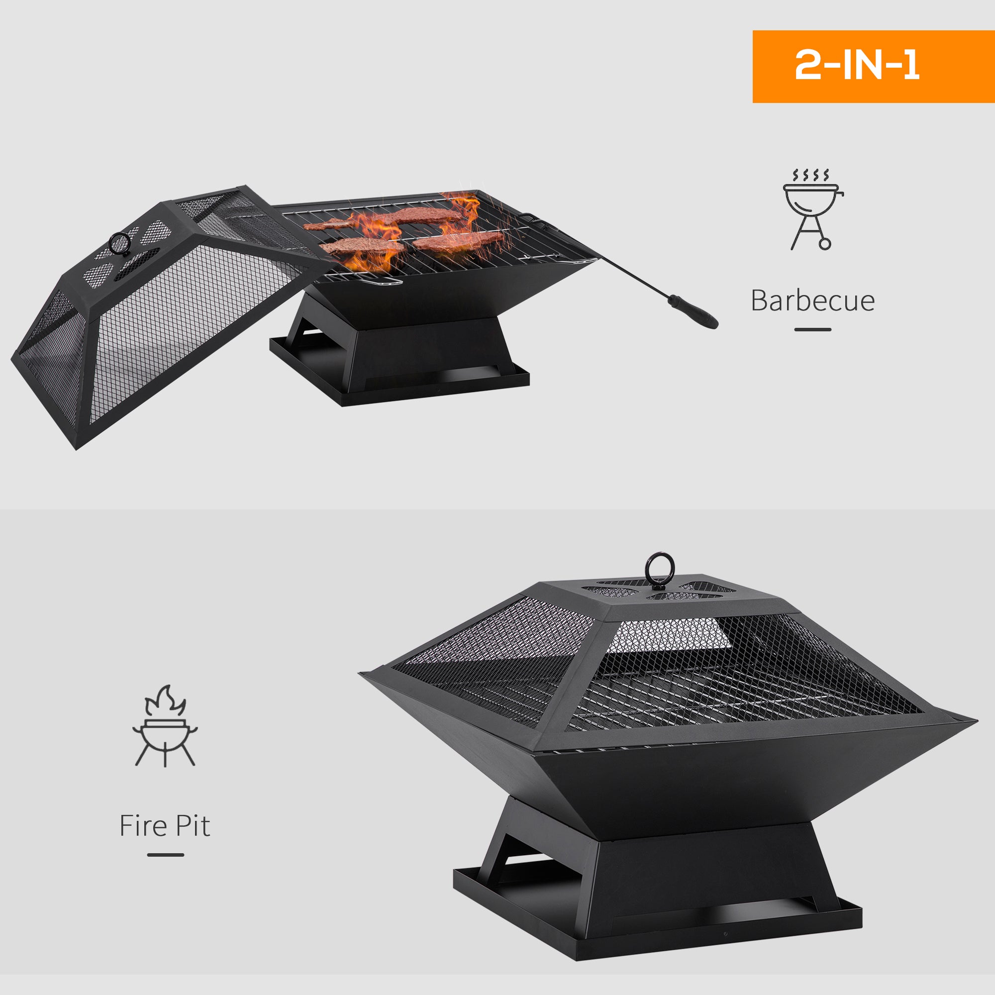 17.7" Wood Burning Portable Fire Pit, Outdoor Firepit with Cooking BBQ Grill, Spark Screen, Poker for Backyard, Black