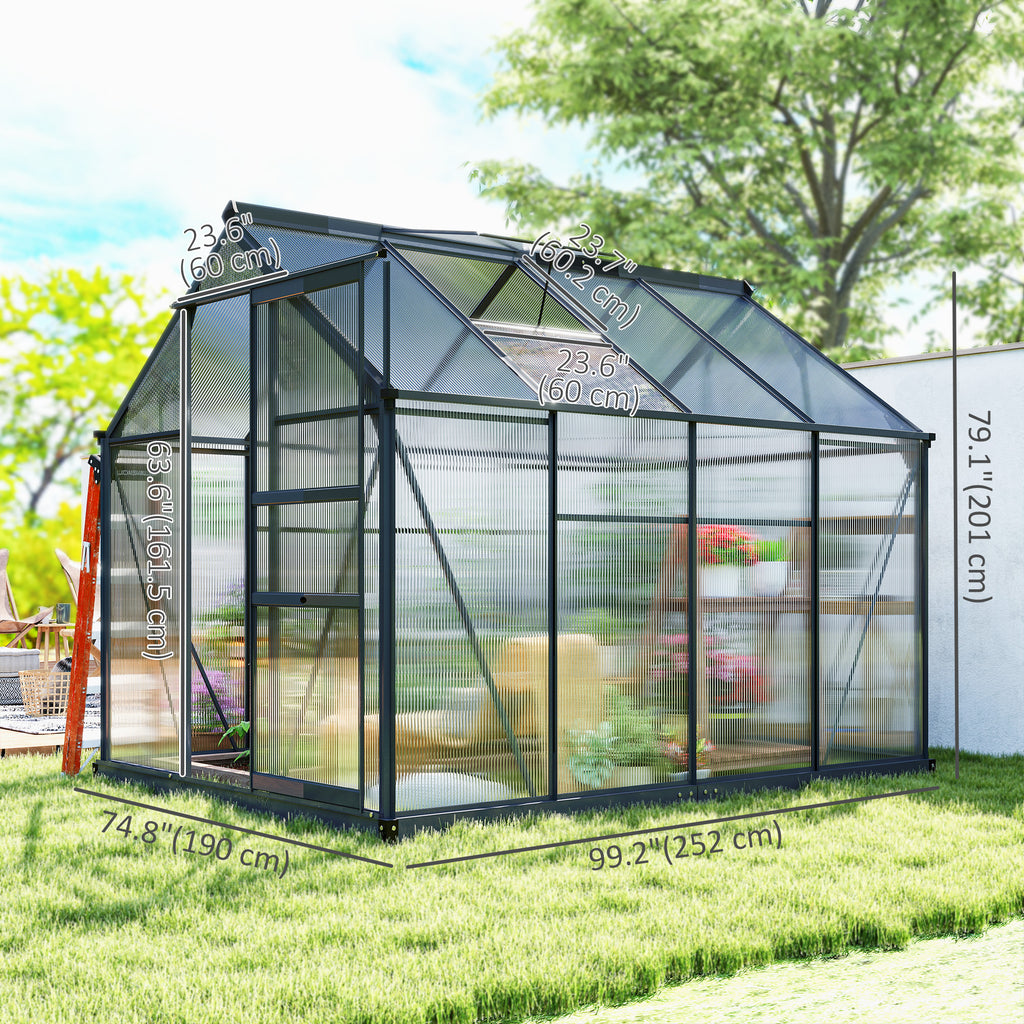 Greenhouse Kit with Rooftop vent, PC Board and Sliding Door, 6.2' x 8.3' x 6.6' Garden Greenhouse, Grey