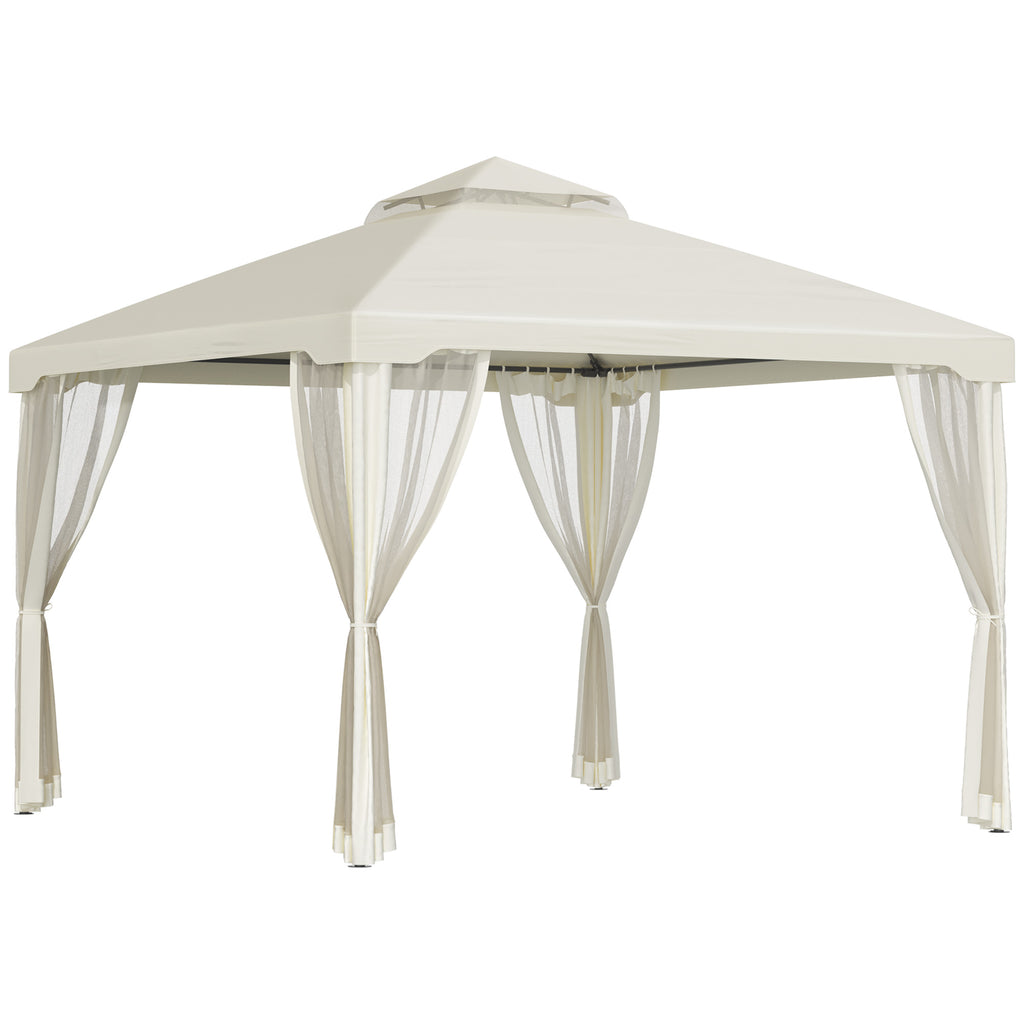 10' x 10' Patio Gazebo Pavilion, 2-Tier Roof Canopy Outdoor Shelter with Steel Frame and Mosquito Netting for Garden, Yard and Outdoor Events, Cream White
