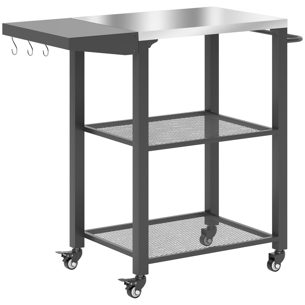Outdoor Grill Cart w/ Foldable Side Table, 3-Tier Pizza Oven Stand w/ Stainless Steel Tabletop, Hooks, Wheels