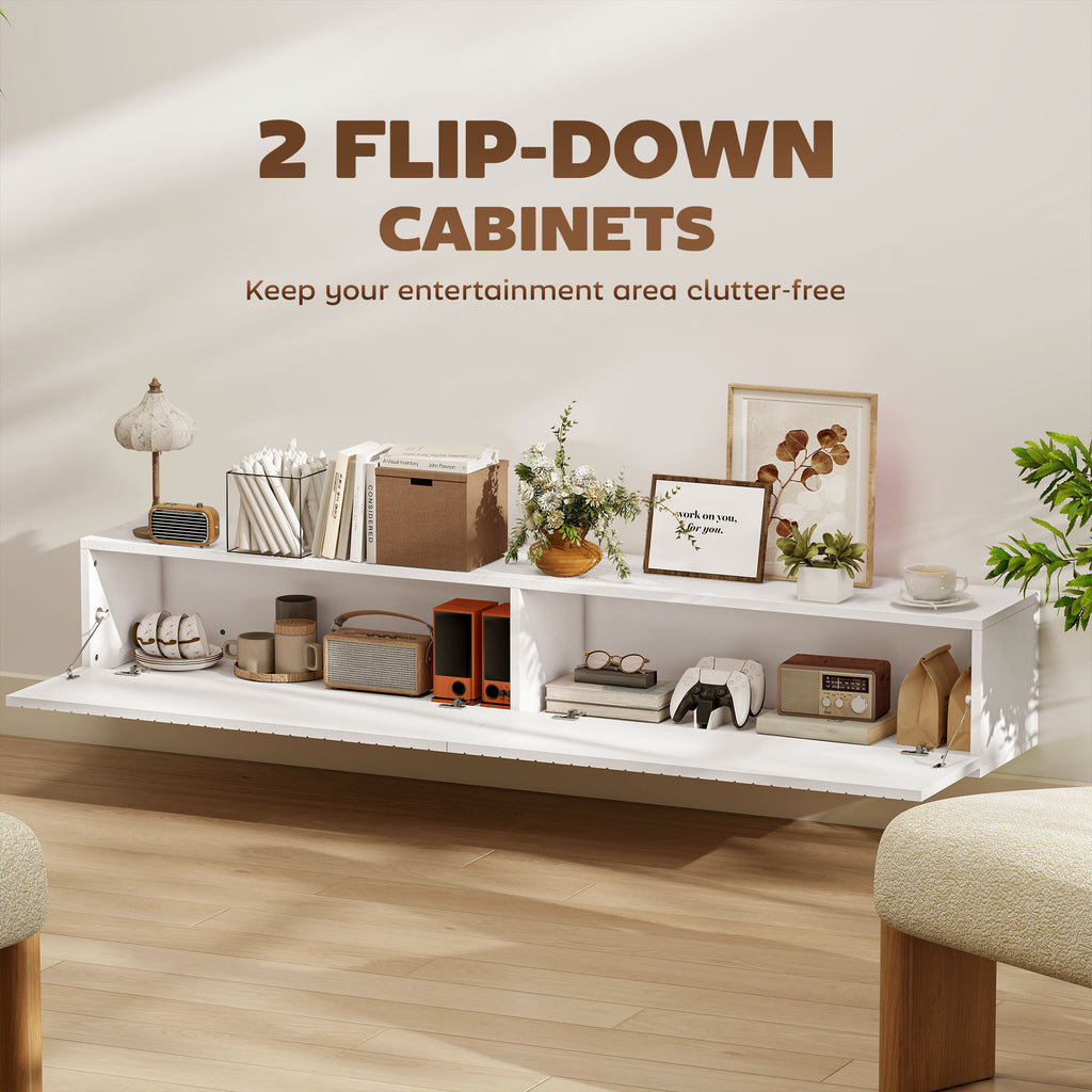 55" Floating TV Stand for TVs up to 72 Inch, Wall Mount Media Console with 2 Fluted Flip-Down Doors, Cable Hole, White
