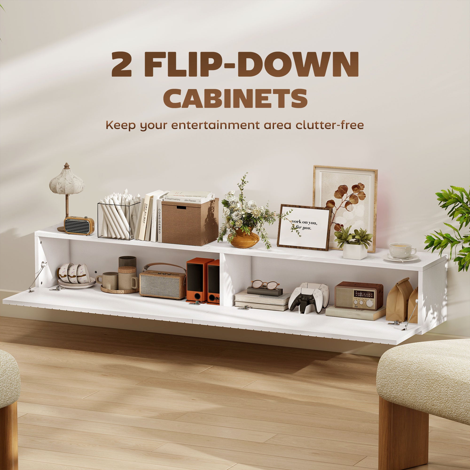 55" Floating TV Stand for TVs up to 72 Inch, Wall Mount Media Console with 2 Fluted Flip-Down Doors, Cable Hole, White