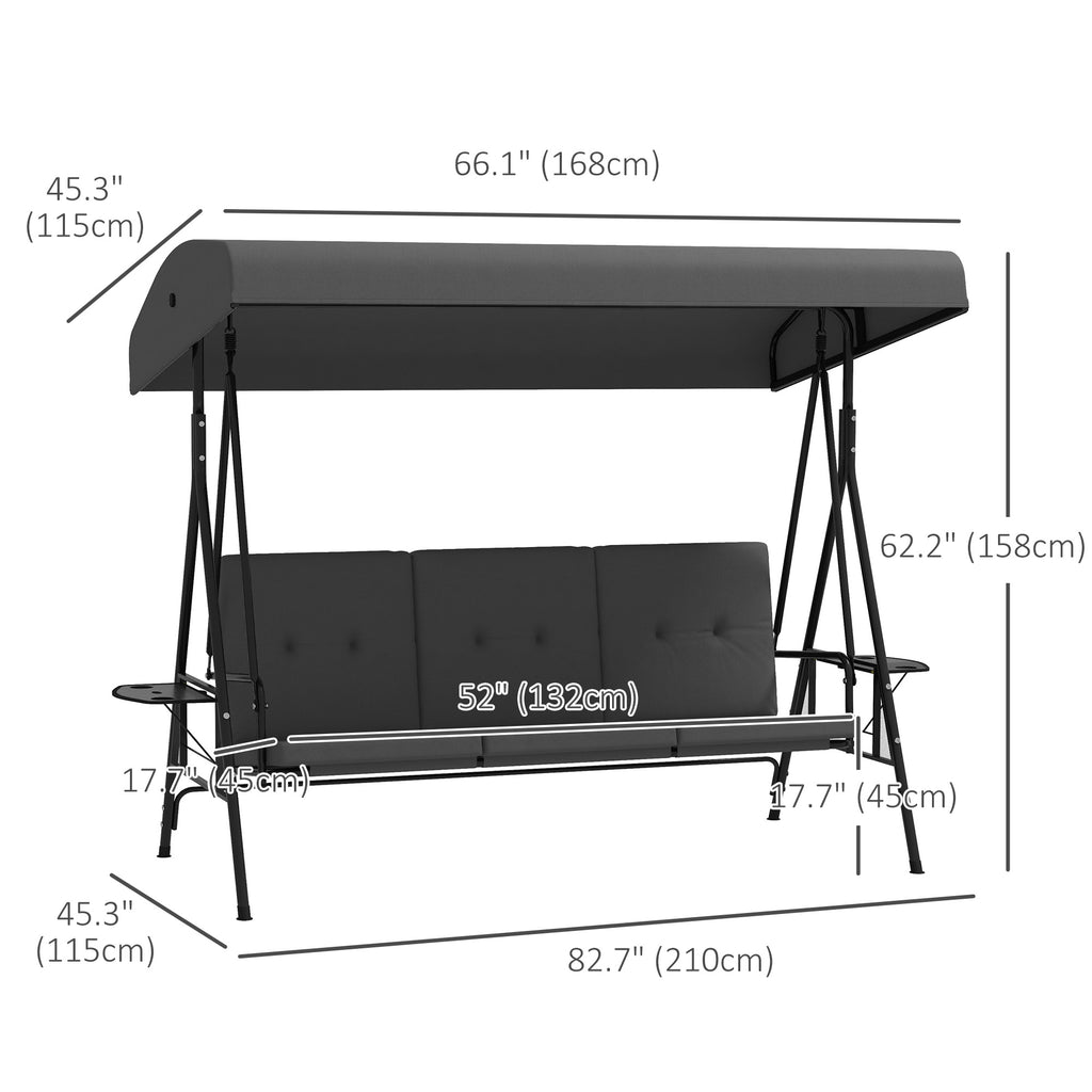 3-Seat Outdoor Porch Swing Patio Swing with Adjustable Canopy, Side Tray, Removable Cushion for Garden, Poolside, Grey