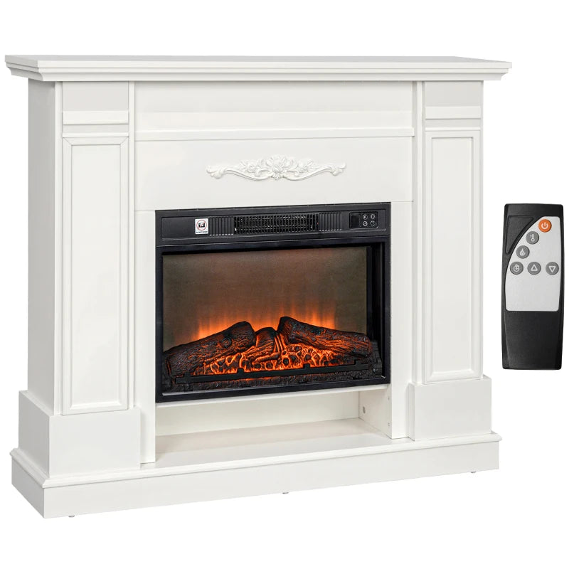 46-inch white electric fireplace with mantel, realistic log and flame effect