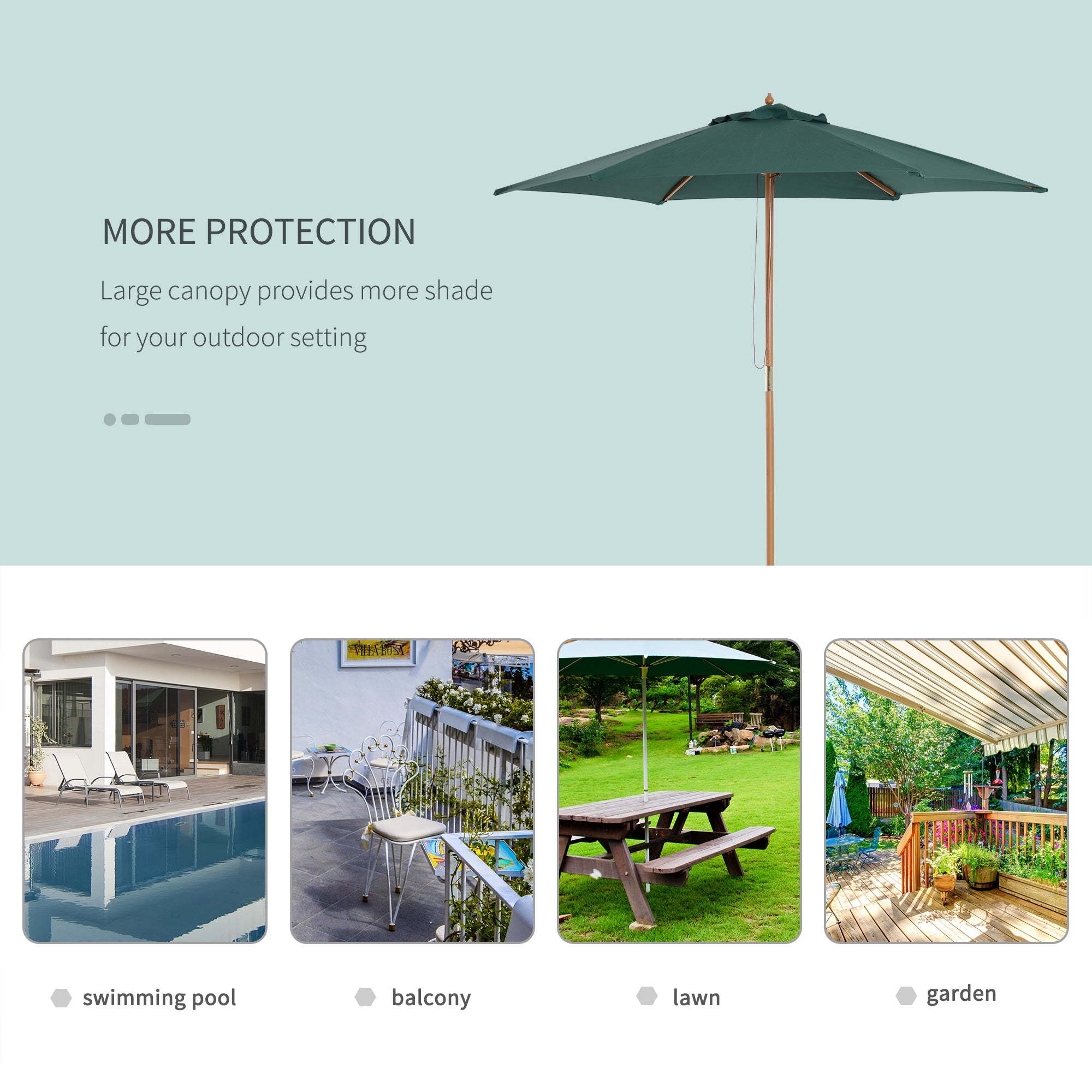 8FT Wood Market Umbrella Patio Umbrella Round Garden Parasol Canopy with Bamboo Ribs and Top Vent, Dark Green