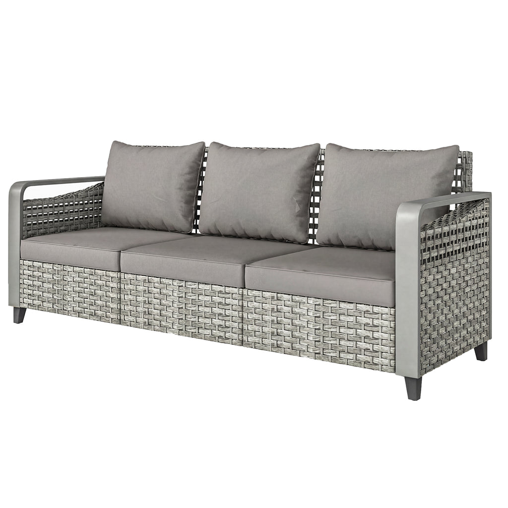 Rattan Wicker Sofa 3-Seater Outdoor Couch with Cushions for Patio Garden Grey
