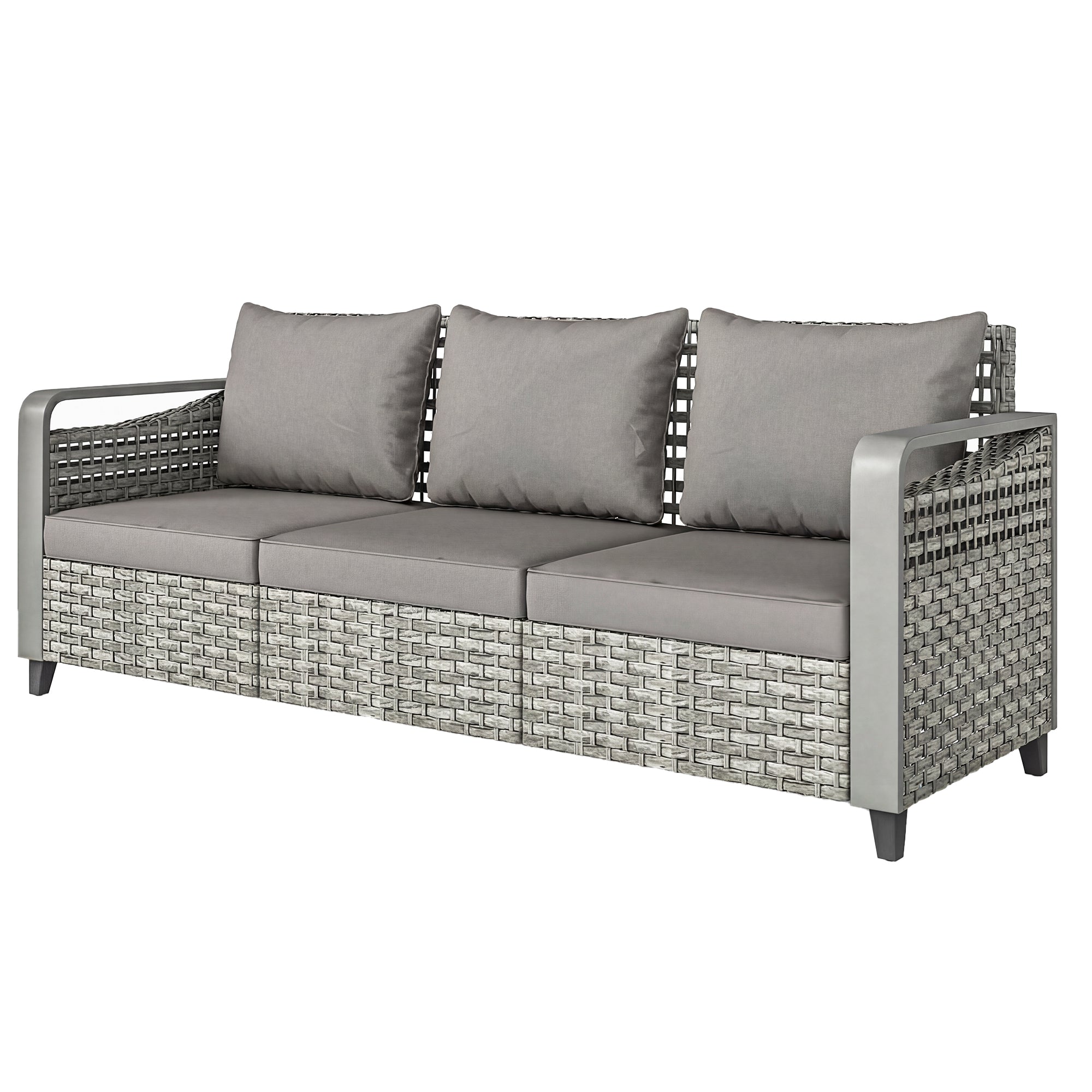 Rattan Wicker Sofa 3-Seater Outdoor Couch with Cushions for Patio Garden Grey