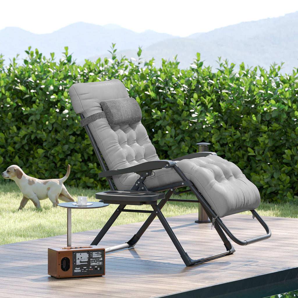 Padded Folding Recliner Chair, Patio Lounger with Cupholder, Adjustable Backrest, Removable Cushion, Grey
