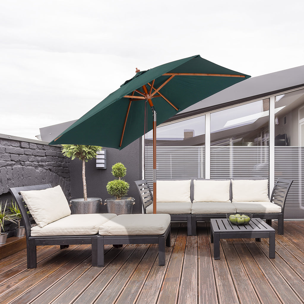 6.6x5ft Square Market Parasol, Wooden Patio Umbrella with Tilt Mechanism and 6 Bamboo Ribs, Garden Sunshade, Green