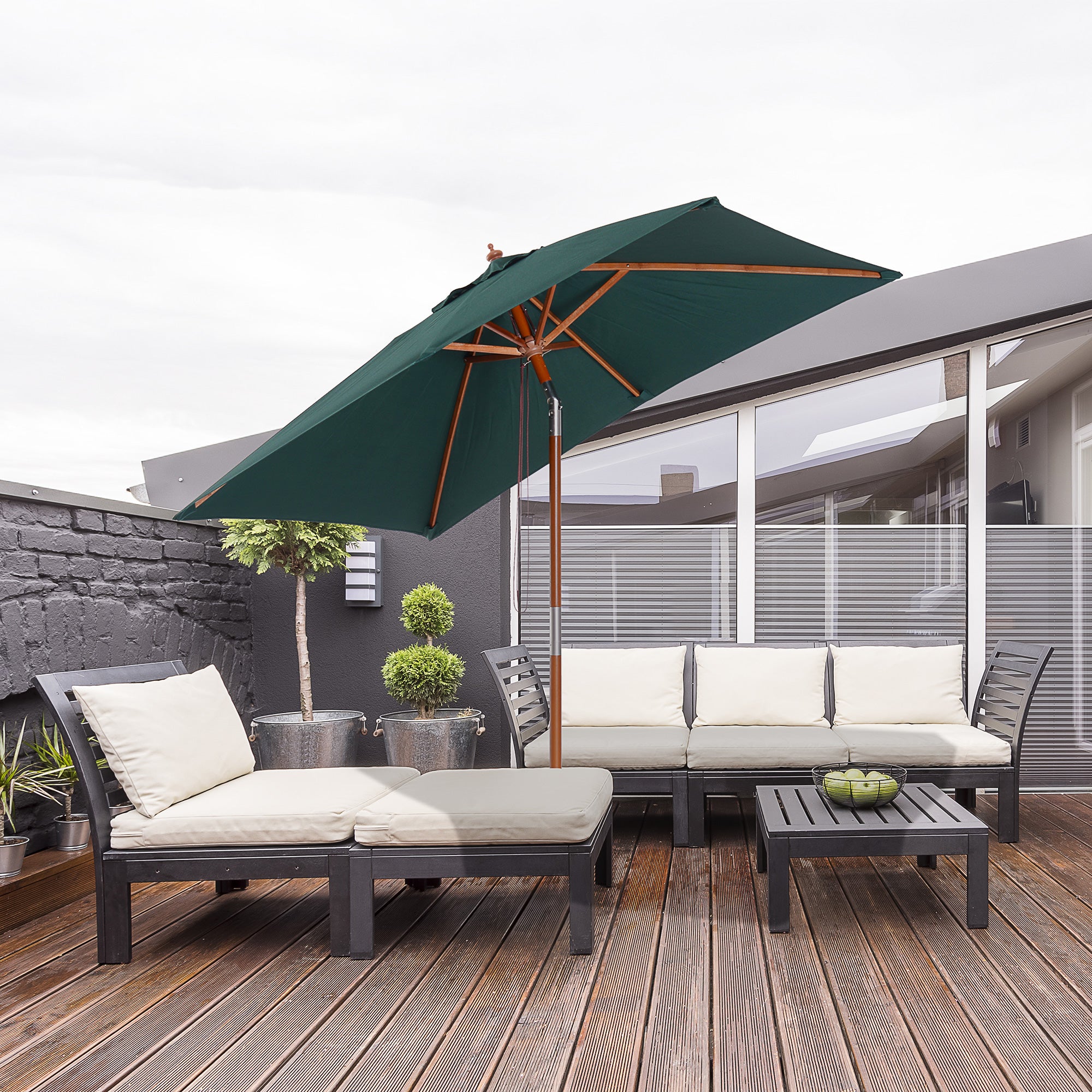 6.6x5ft Square Market Parasol, Wooden Patio Umbrella with Tilt Mechanism and 6 Bamboo Ribs, Garden Sunshade, Green