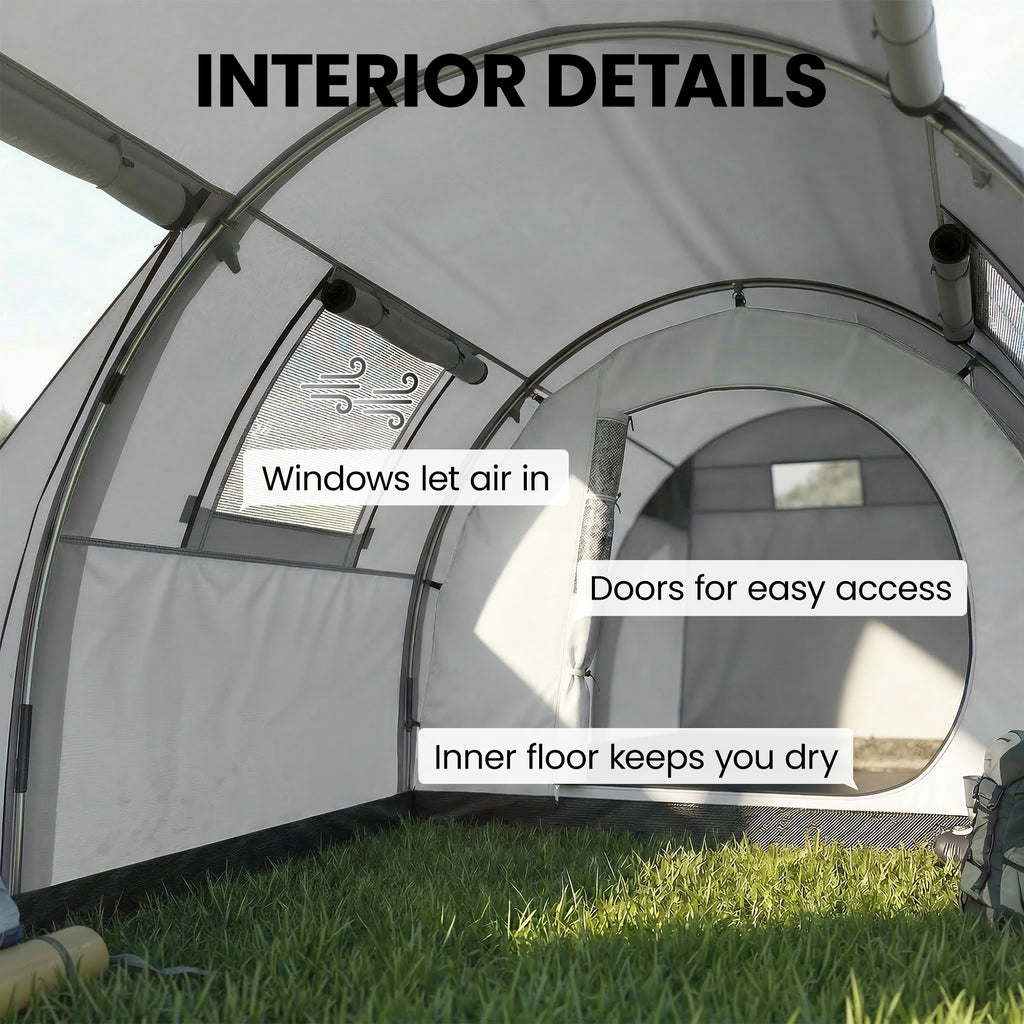 3-4 Person Camping Tent with 2 Rooms, 3000mm Waterproof Portable Family Tent with Carry Bag, Grey