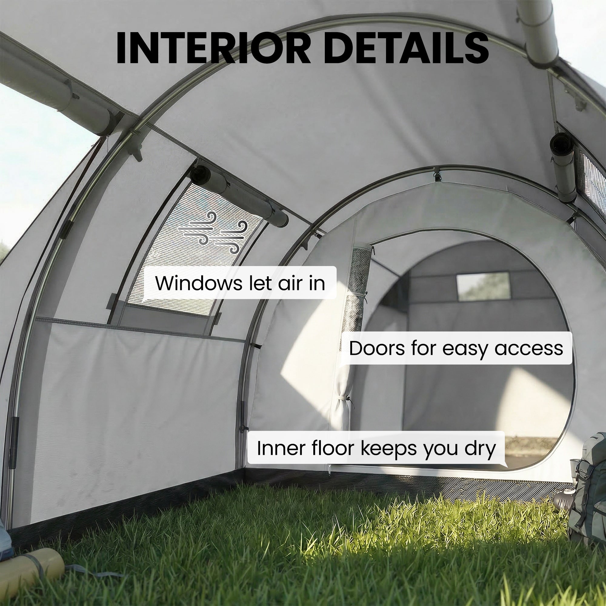 3-4 Person Camping Tent with 2 Rooms, 3000mm Waterproof Portable Family Tent with Carry Bag, Grey