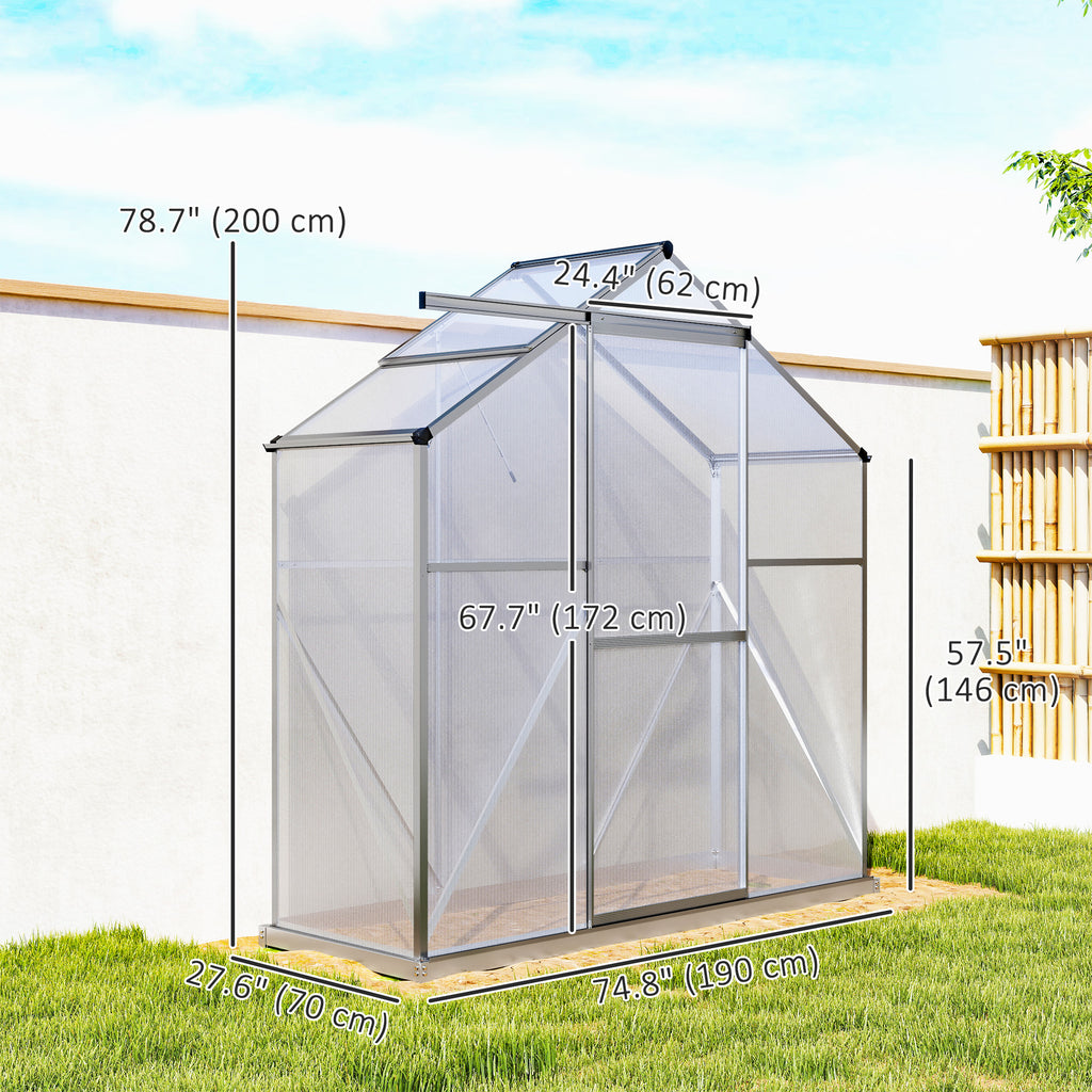 6' x 2.5' Walk-in Polycarbonate Greenhouse Aluminium Green House with Sliding Door, 5-Level Roof Vent, Rain Gutter