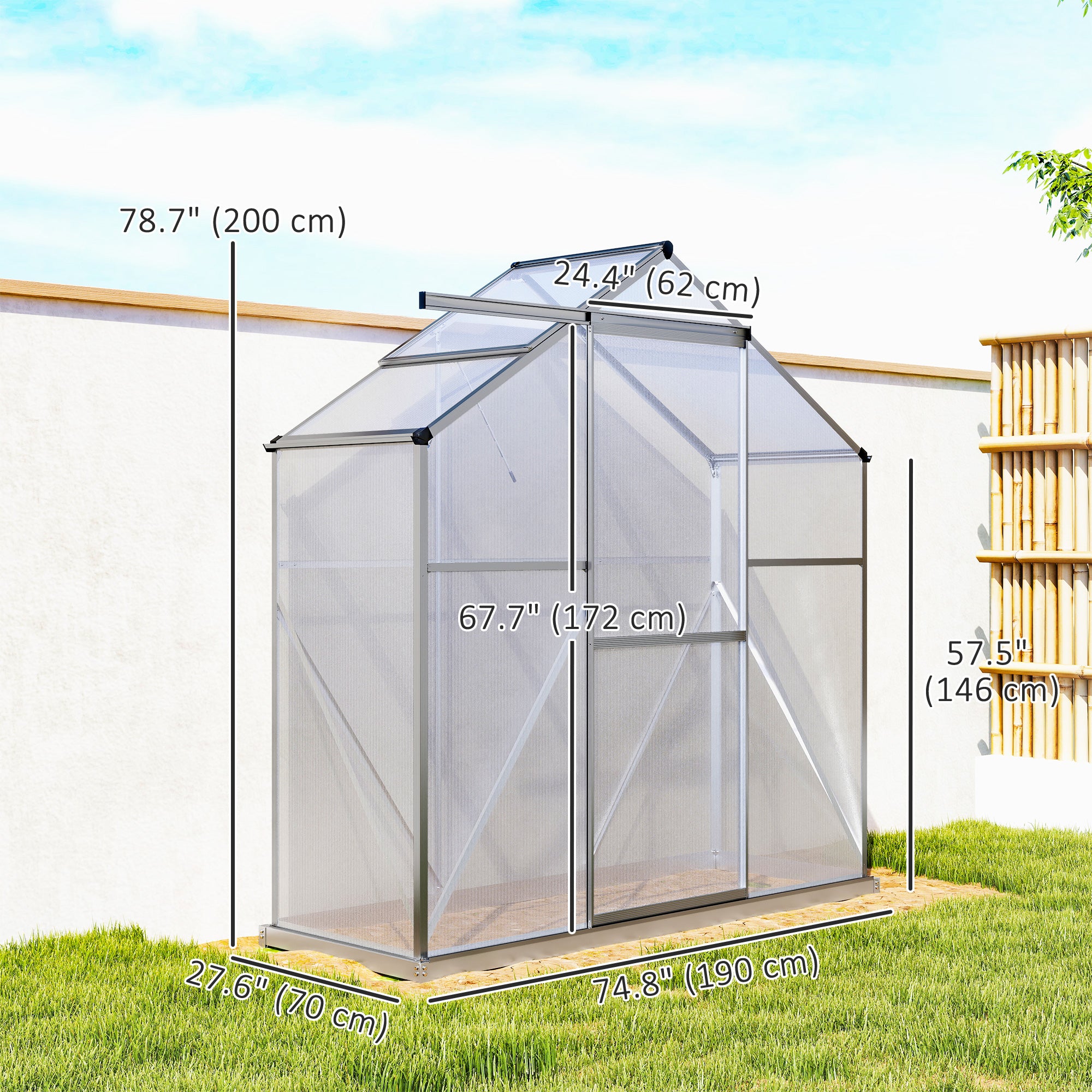 6' x 2.5' Walk-in Polycarbonate Greenhouse Aluminium Green House with Sliding Door, 5-Level Roof Vent, Rain Gutter