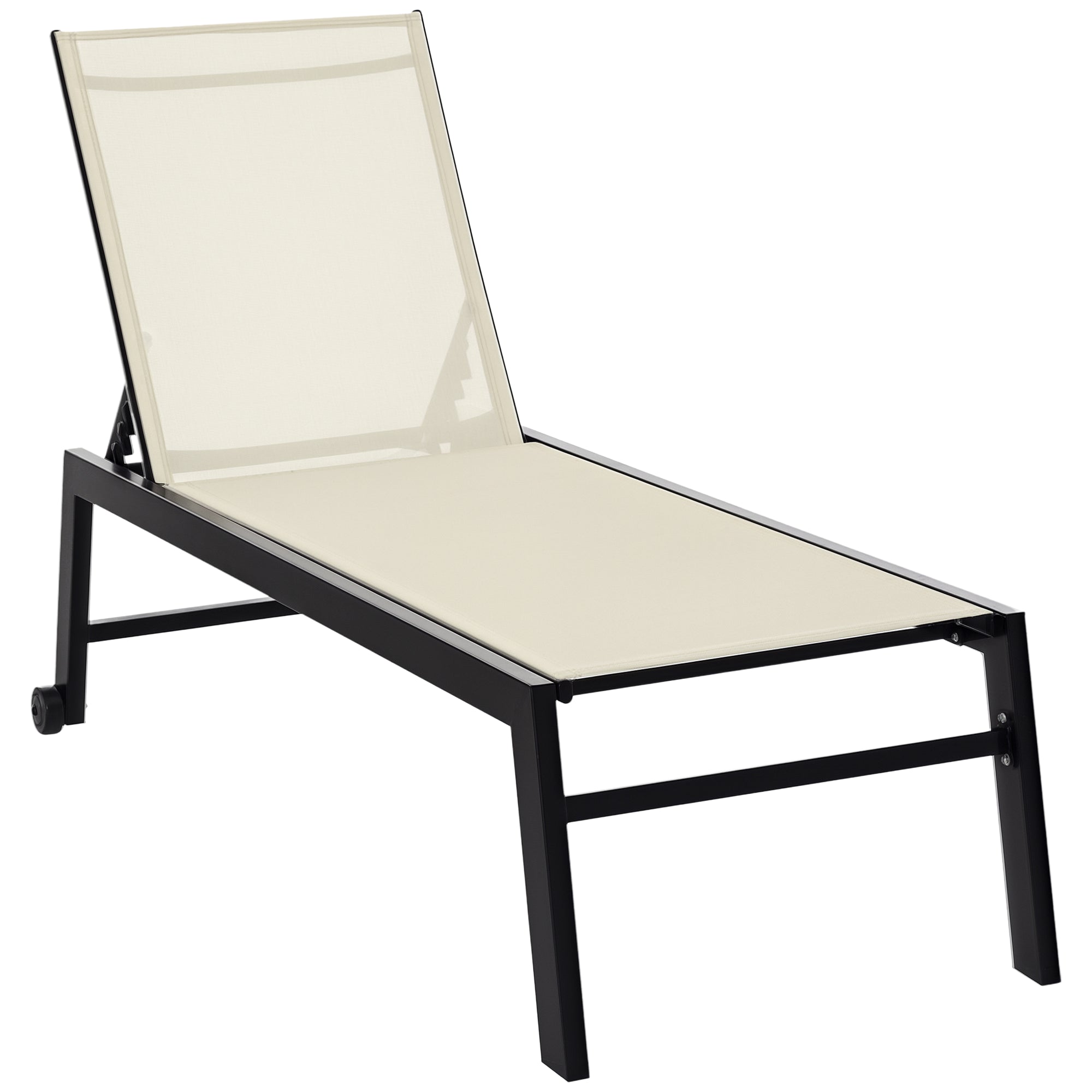 Outdoor Lounge Chair, Patio Lounger with 5-Position Reclining Backrest and 2 Wheels for Poolside, Beach, Lawn, Cream White