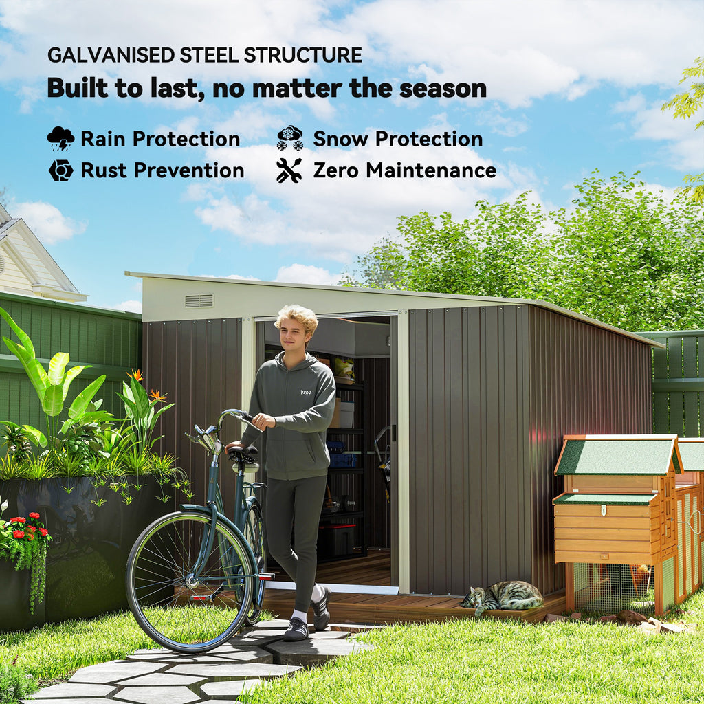 11' x 9' Steel Garden Storage Shed, Outdoor Metal Tool House with Double Sliding Doors & 2 Air Vents, Grey