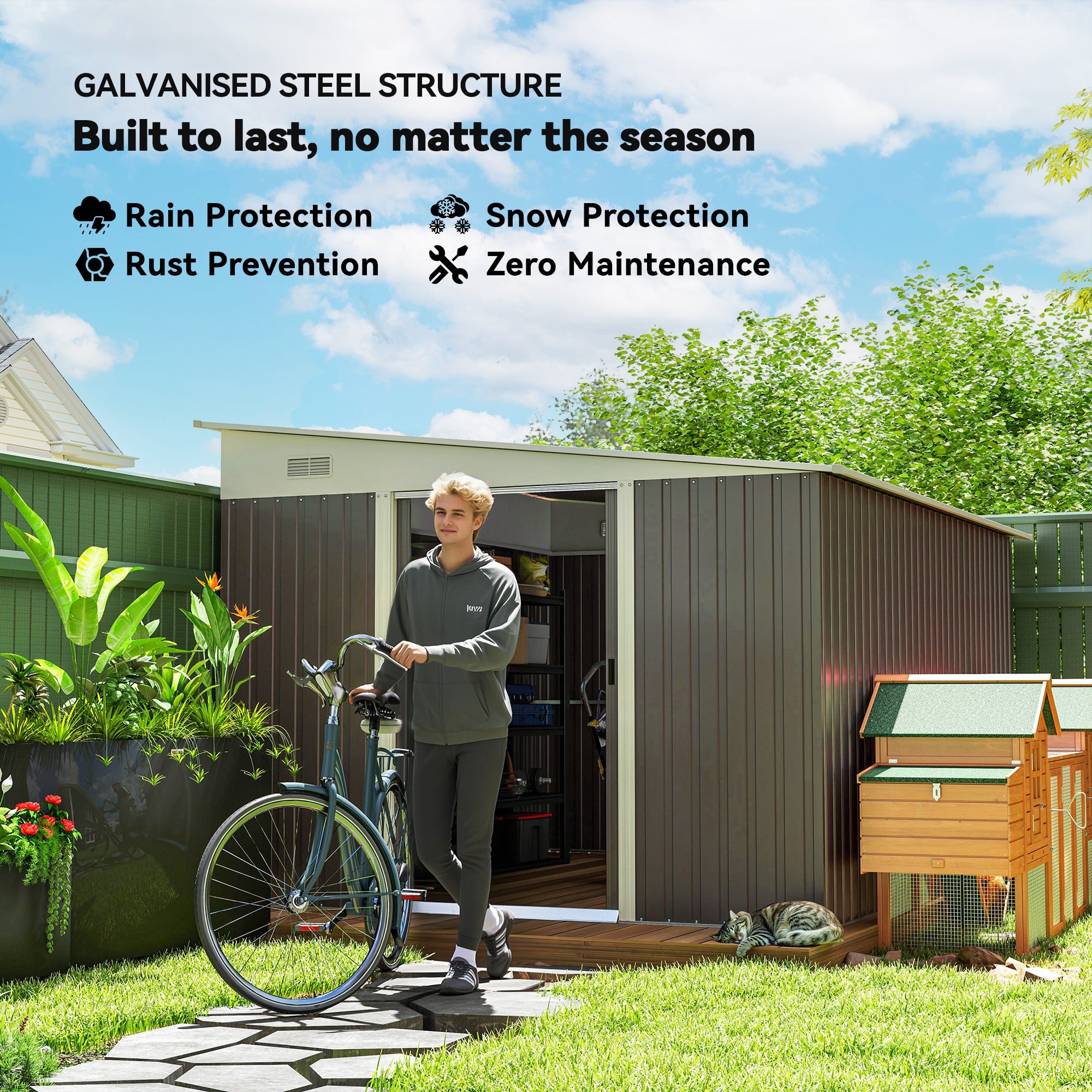 11' x 9' Steel Garden Storage Shed, Outdoor Metal Tool House with Double Sliding Doors & 2 Air Vents, Grey