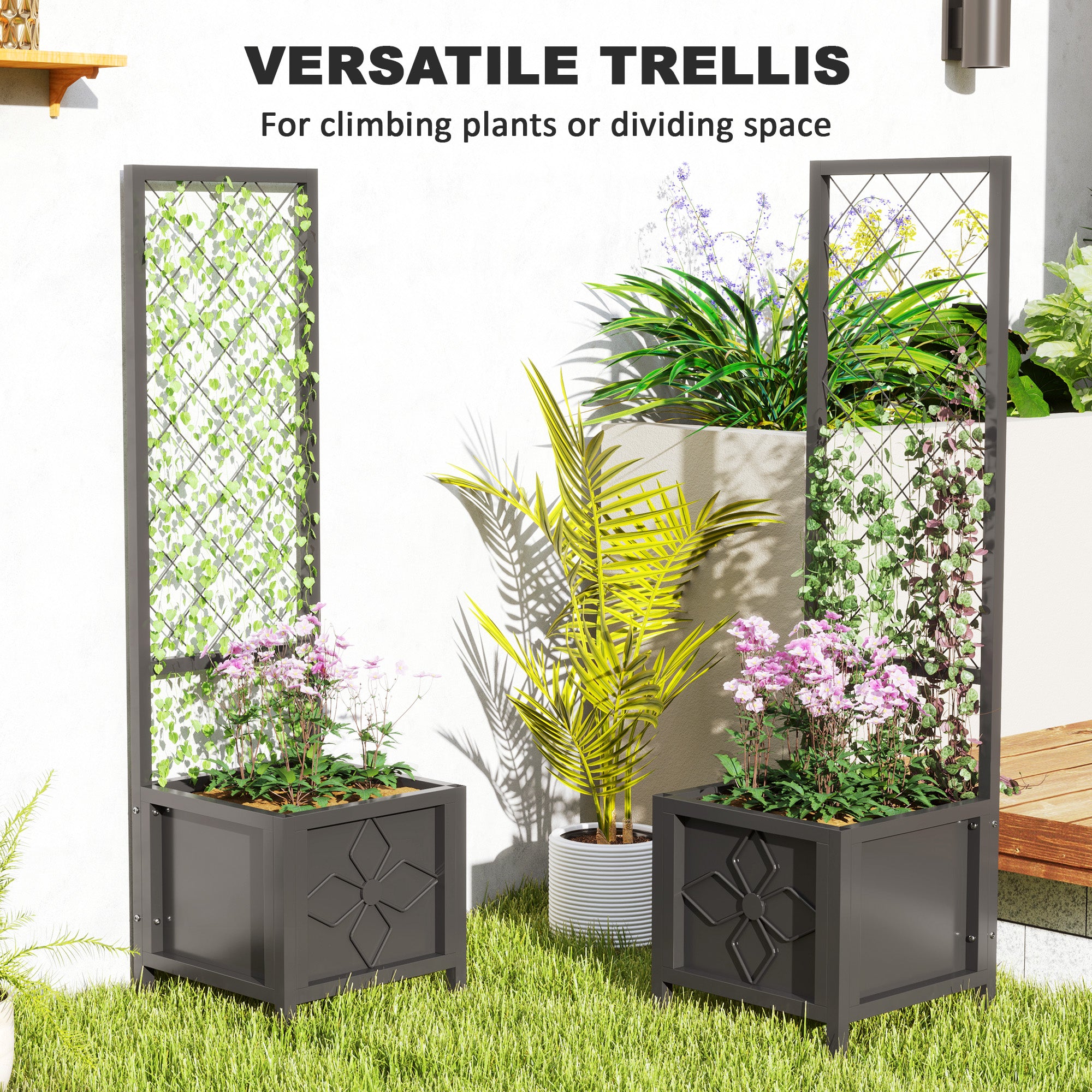 Galvanized Raised Garden Bed with Trellis, Metal Planter Box with Drainage Holes for Climbing Plants, Vegetable, Vines