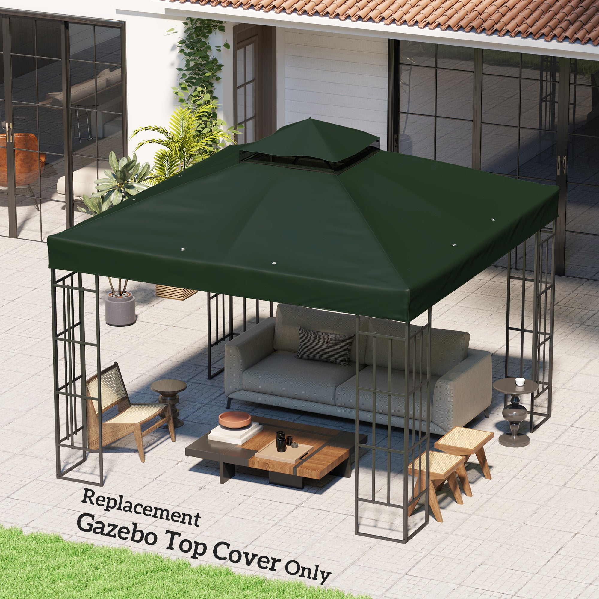 10' x 10' Gazebo Canopy Replacement Cover, 2-Tier Garden Gazebo Roof Replacement, UPF30+, TOP COVER ONLY, Green