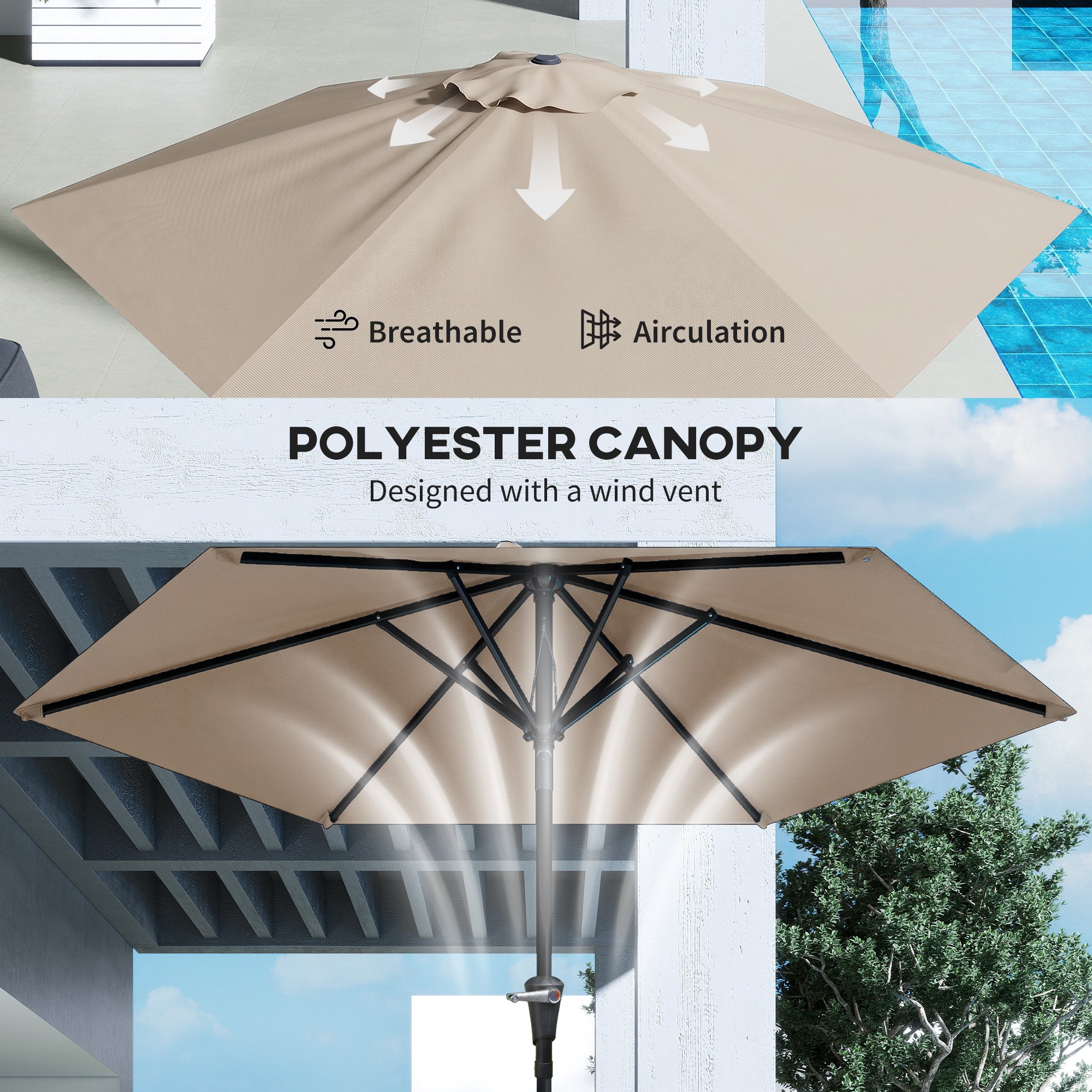 Patio Sun Umbrella, Outdoor Parasol with 6 Ribs, Khaki