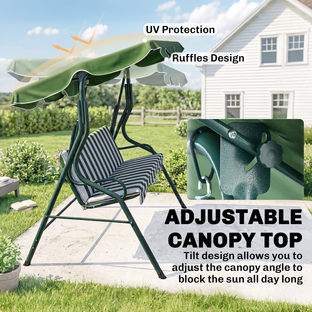 Outdoor Porch Swing with Adjustable Canopy, 3-Seater Patio Swing Chair with Cushion, Green
