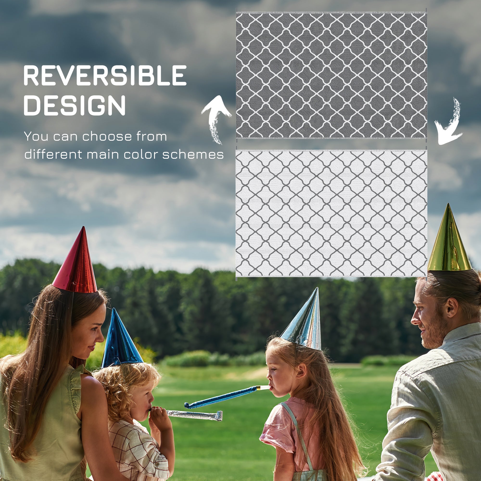 Waterproof  Outdoor Rug, 6' x 9' RV Rug Reversible Mat for Backyard, Deck, Picnic, Beach, Camping, Grey & White Net