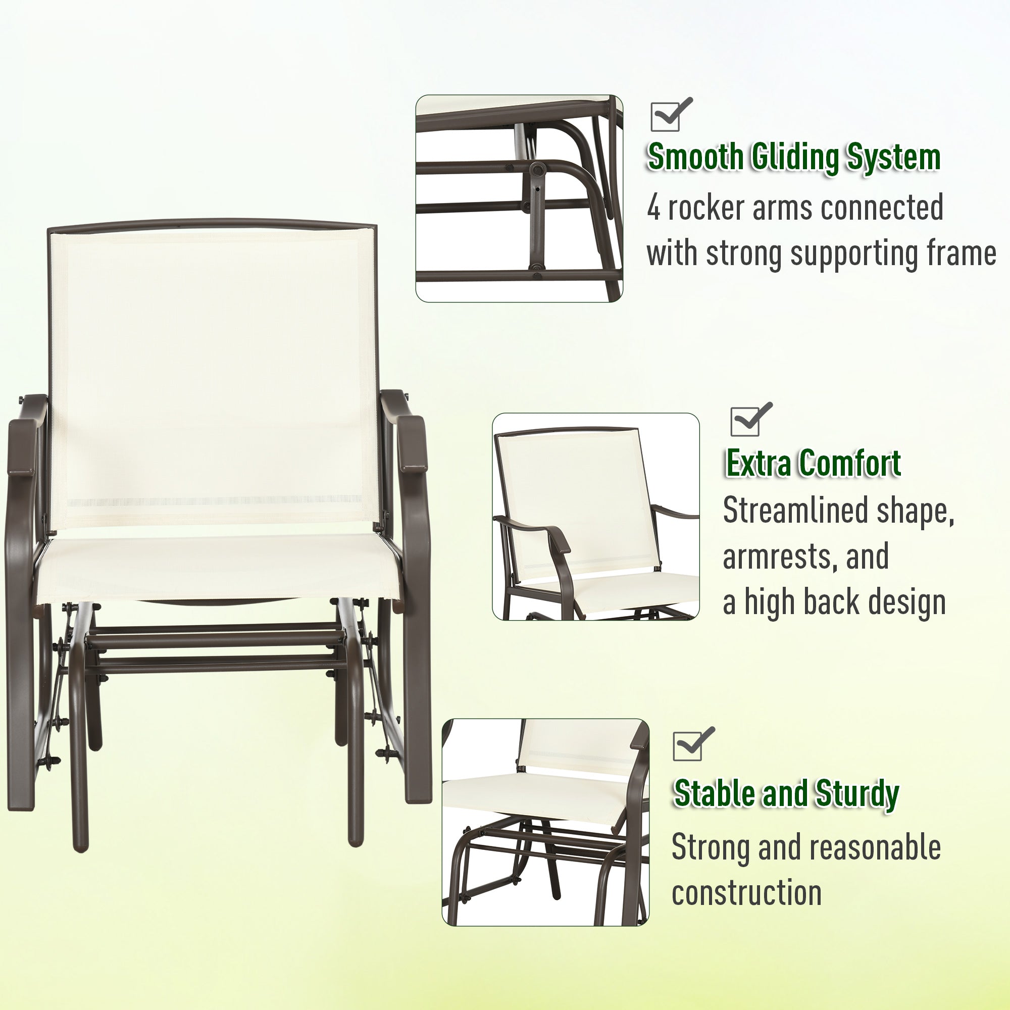 3 Piece Patio Glider Set Outdoor Gliders with Breathable Mesh Seat, Glass Top Table for Garden, Yard, Cream White