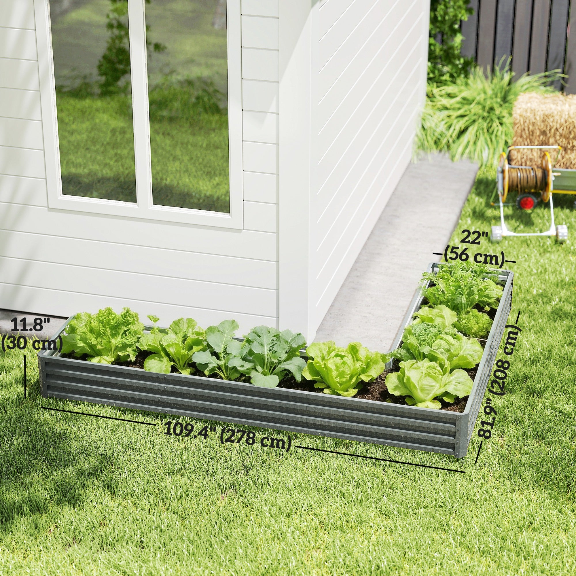 L-Shaped Raised Garden Bed, 82" x 109" x 12" Galvanized Steel Planter Box with Multi-reinforced Rods for Vegetables, Flowers and Herbs, Light Grey