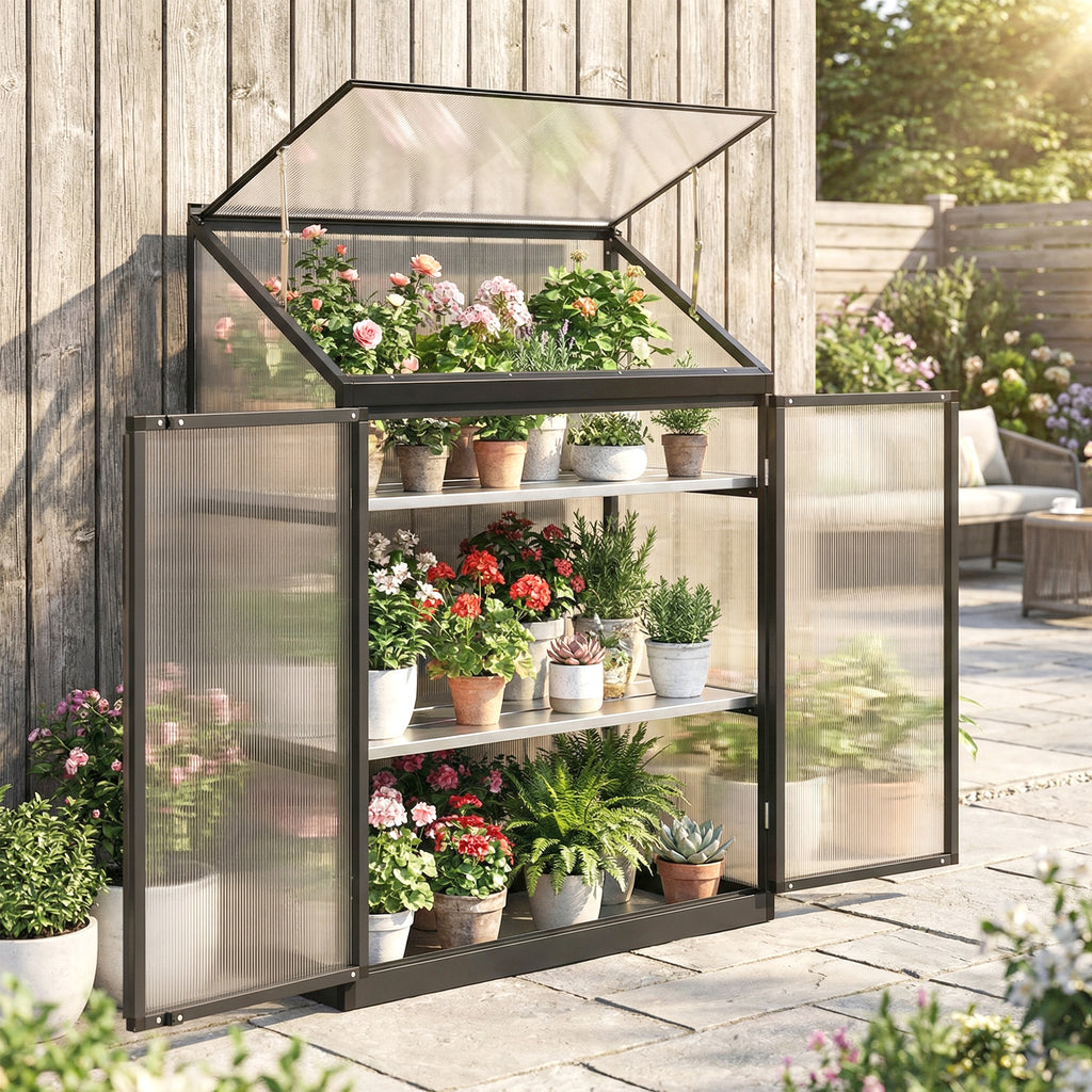 Polycarbonate Greenhouse with 2-Tier Shelves Gardening Green House for Patio Garden, Black