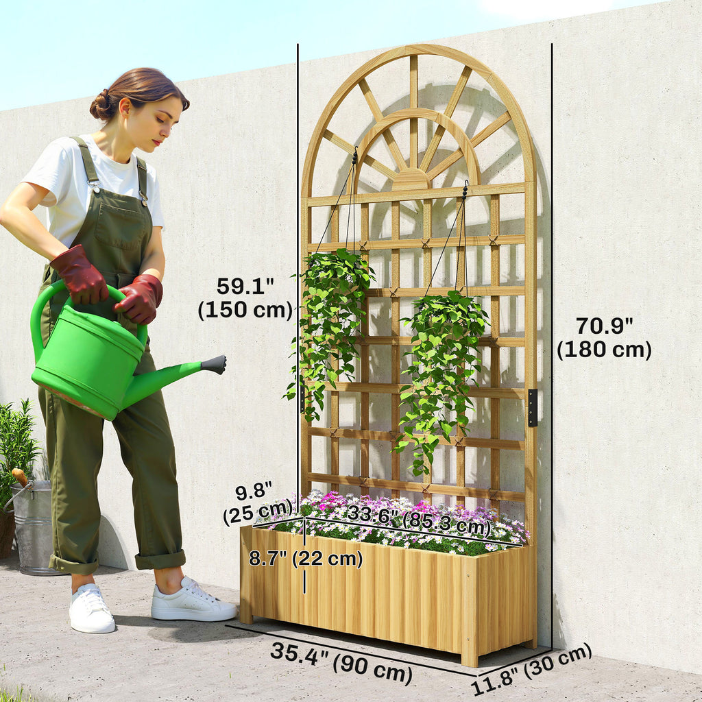 Wooden Raised Garden Bed with Lattice Trellis, Outdoor Elevated Planter Box with Drainage Holes for Climbing Plants
