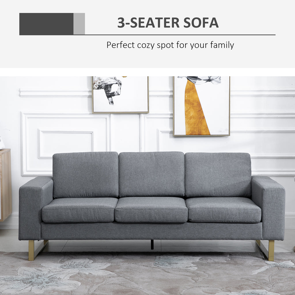 3 Seater Sofa, Linen Upholstered Cozy Padded Couch with Steel Leg, Backrest and Wide Armrest, for Living room, Bedroom, Dark Grey