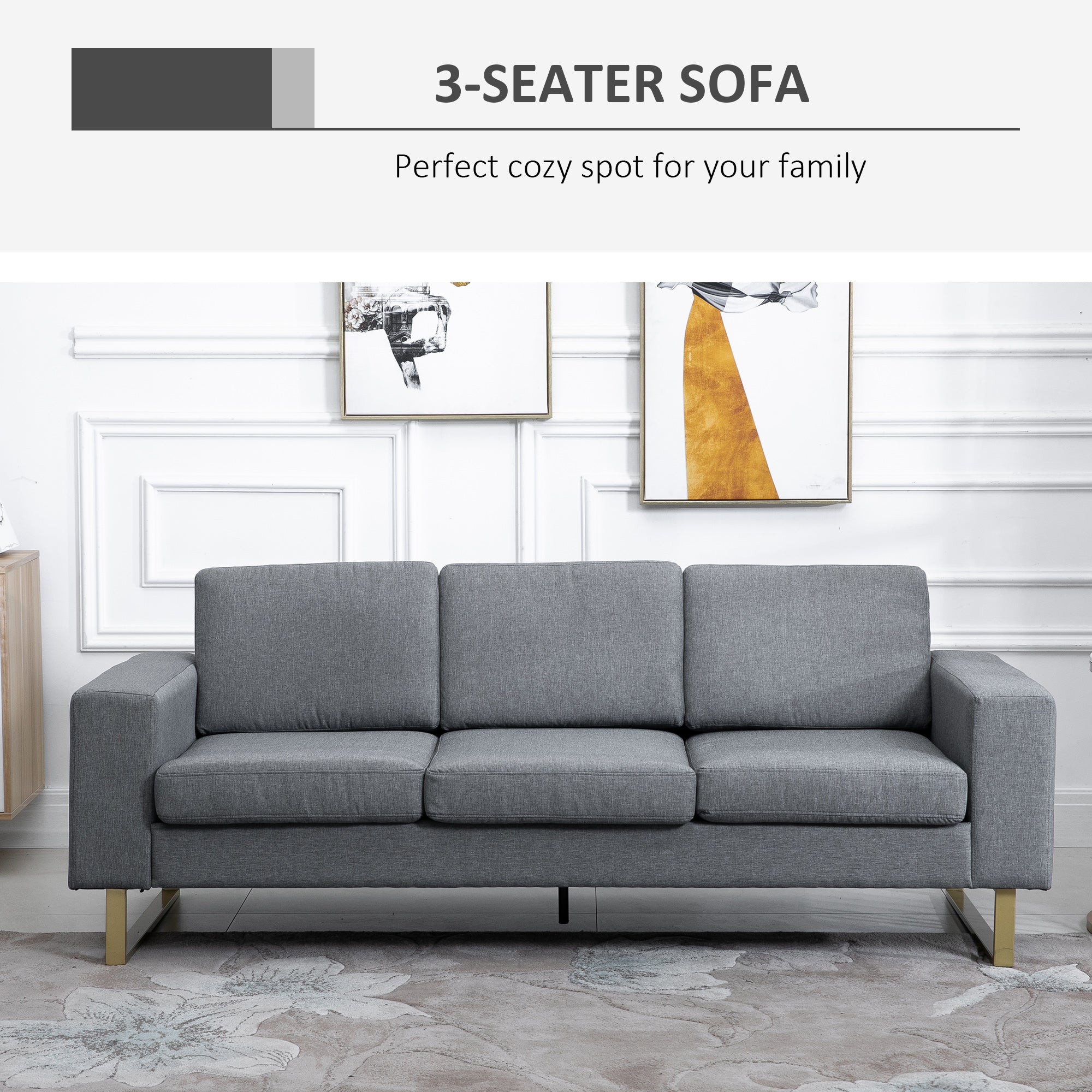 3 Seater Sofa, Linen Upholstered Cozy Padded Couch with Steel Leg, Backrest and Wide Armrest, for Living room, Bedroom, Dark Grey