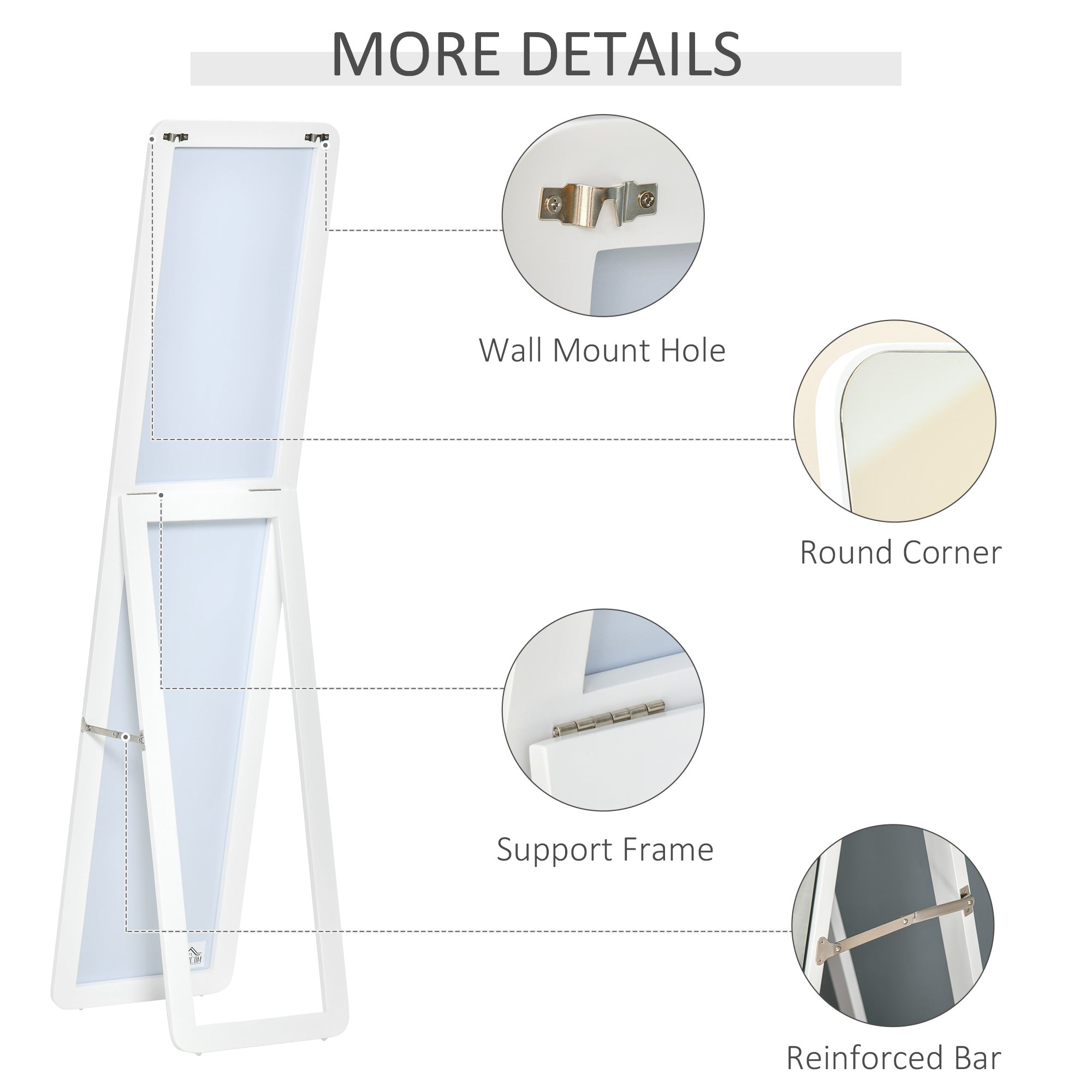 Full Length Mirror for Bedroom, Free Standing Dressing Mirror, Wall Mirror with Wood Frame, 15" x 61", White