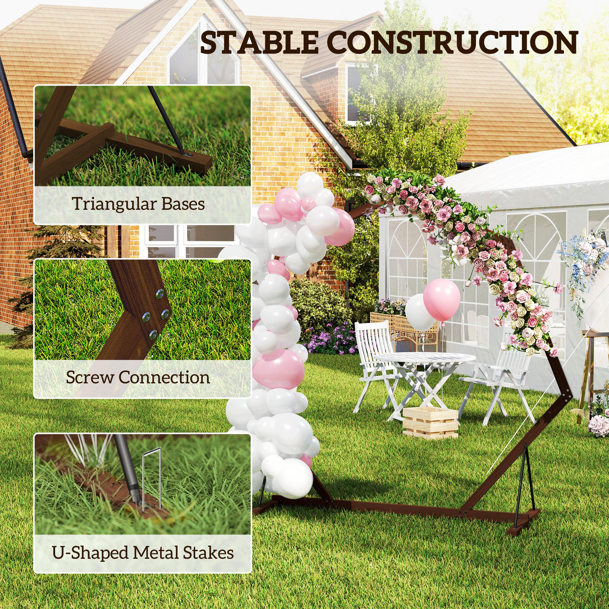 7FT Heptagon Wooden Wedding Arch with Triangular Base, Ground Stakes for Ceremony, Garden, Birthday, Brown