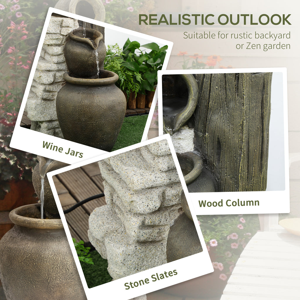 Wine Jars Outdoor Waterfall Fountain with Adjustable Flow, 4-Tier Rustic Resin Cascading Water Fountain, Decorative Backyard Water Feature for Zen Garden, Deck, Porch
