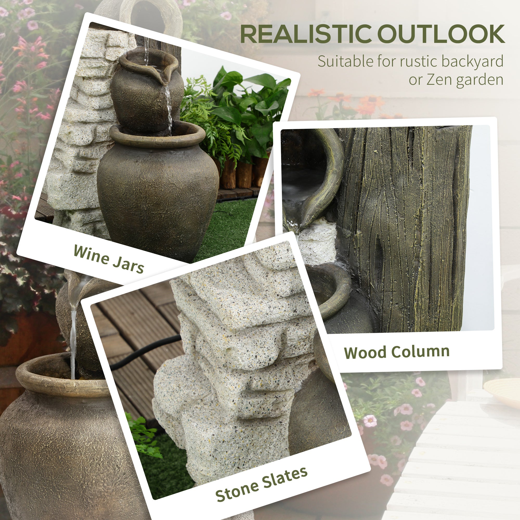 Wine Jars Outdoor Waterfall Fountain with Adjustable Flow, 4-Tier Rustic Resin Cascading Water Fountain, Decorative Backyard Water Feature for Zen Garden, Deck, Porch