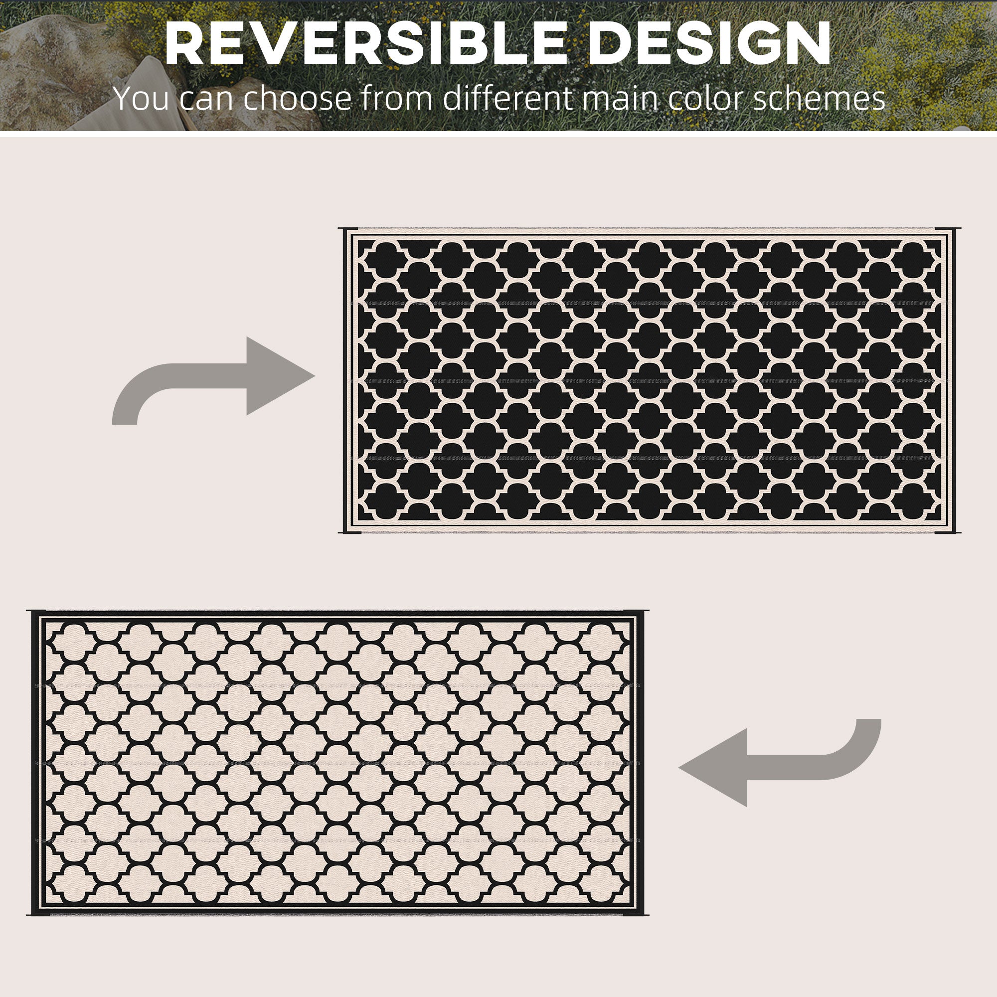 Reversible Outdoor RV Rug, 9' x 18' Patio Floor Mat, Plastic Straw Rug for Backyard, Deck, Picnic, Beach, Camping, Black and Beige