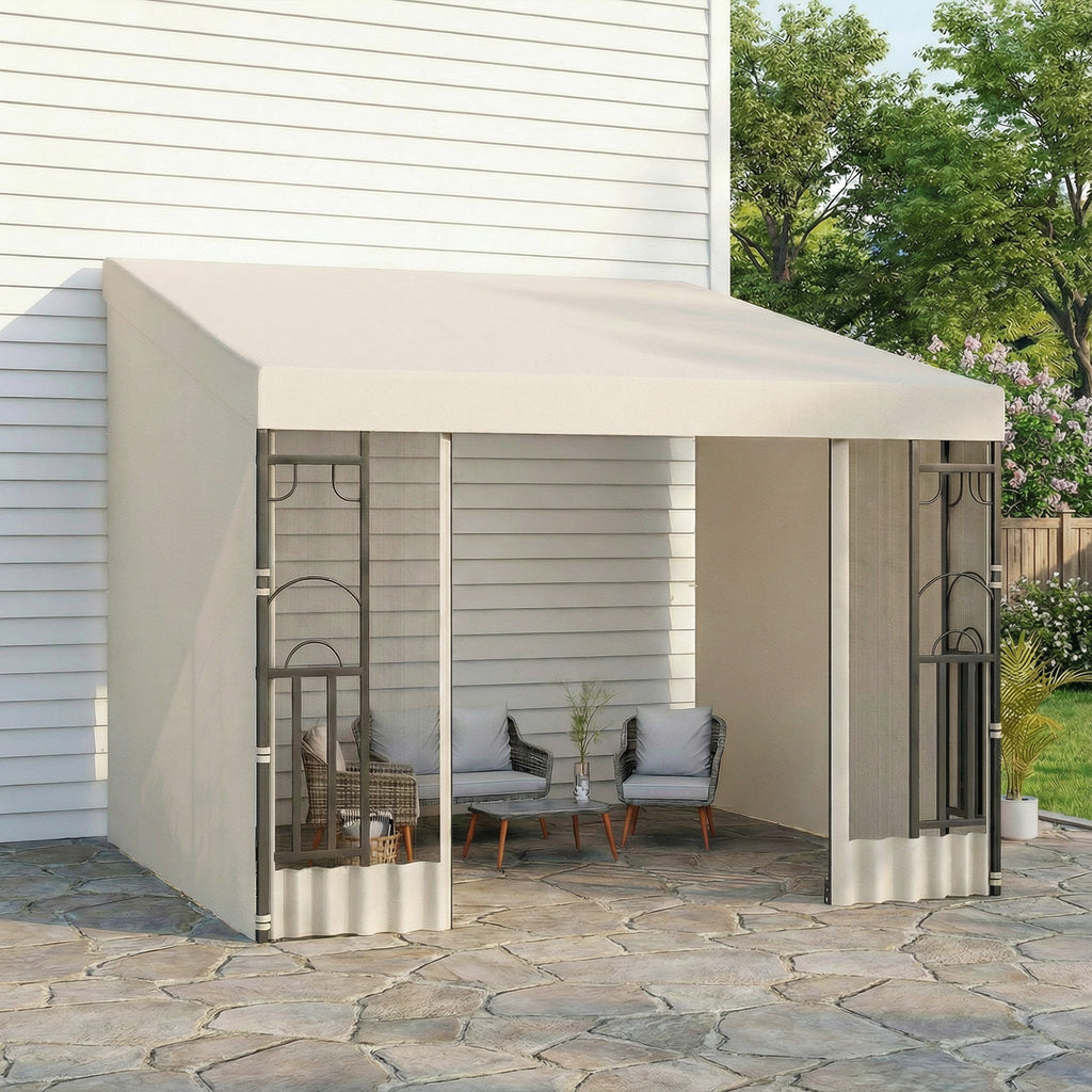 10' x 10' Wall Pergola, Outdoor Gazebo with 2 Curtains and 2 Nettings, UV Resistant, for Patio, Deck, Beige