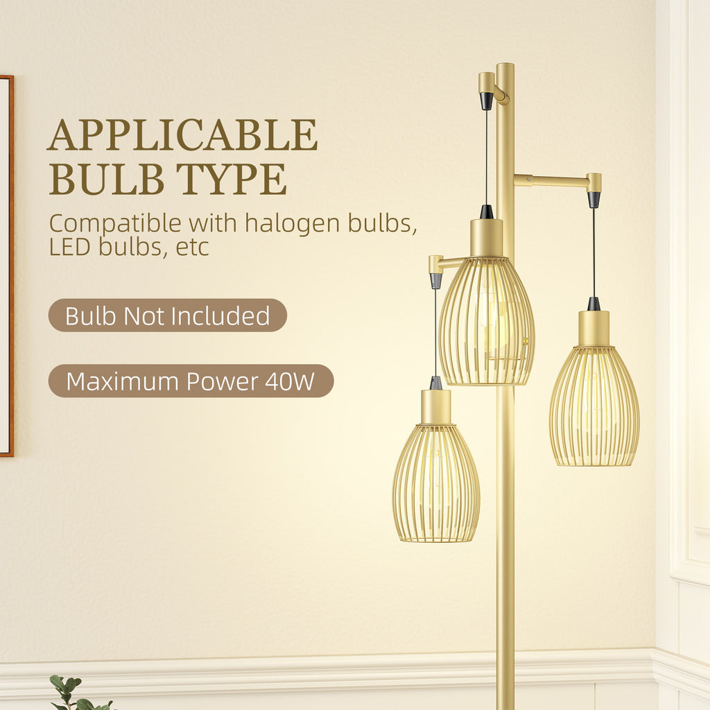 Industrial Floor Lamp with 3 Hanging Wire Lampshades, Dimmable Standing Lamp for Living Room, Gold