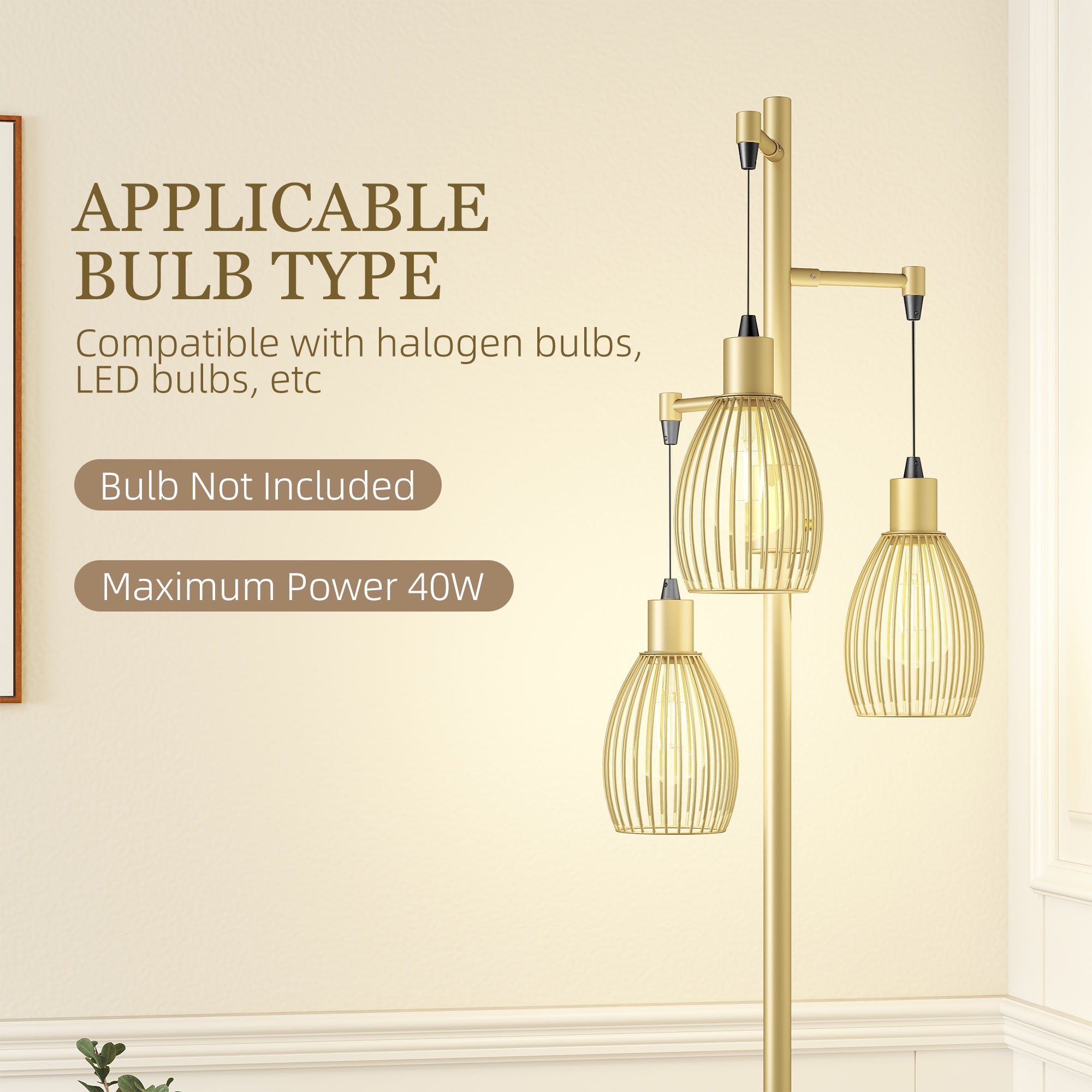 Industrial Floor Lamp with 3 Hanging Wire Lampshades, Dimmable Standing Lamp for Living Room, Gold