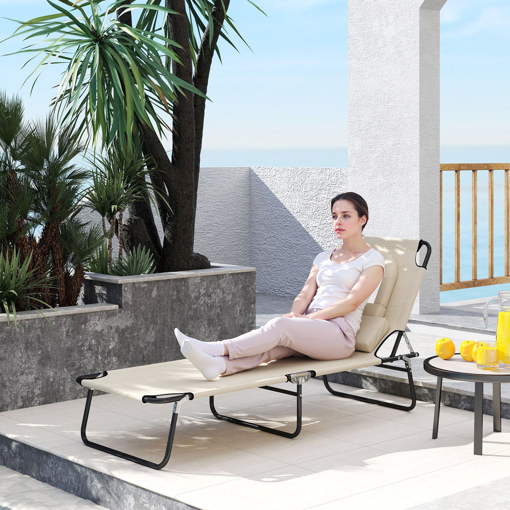 Outdoor Lounge Chair, Garden Folding Chaise Lounge w/ Adjustable Backrest, Face Hole and Support Pillow, Beige