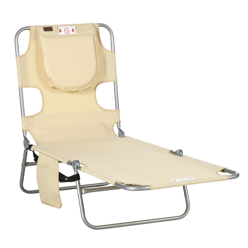 Folding Outdoor Lounge Chair, 5-Level Tanning Chair with Face Hole, Side Pocket, Carry Strap for Beach Pool, Beige