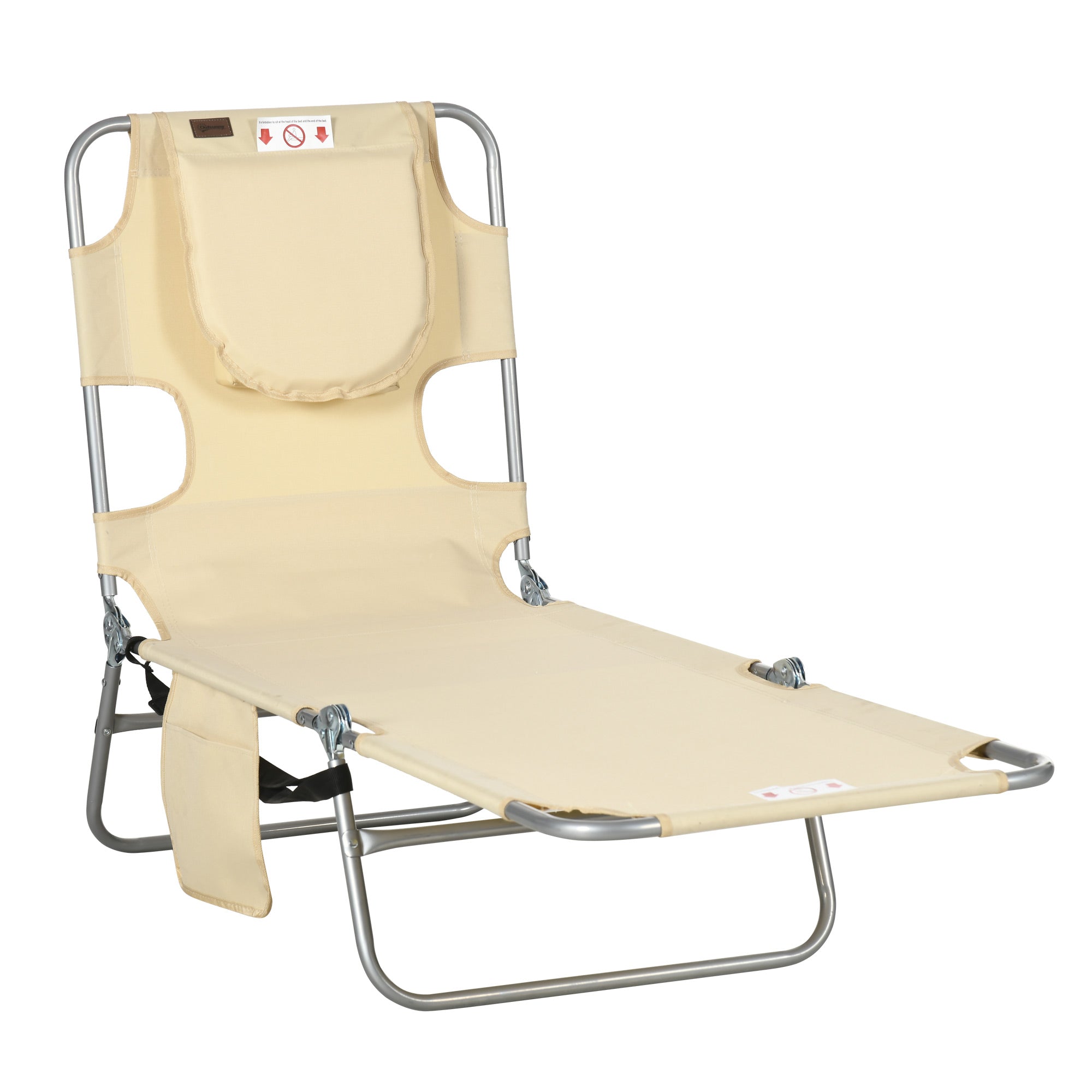Folding Outdoor Lounge Chair, 5-Level Tanning Chair with Face Hole, Side Pocket, Carry Strap for Beach Pool, Beige